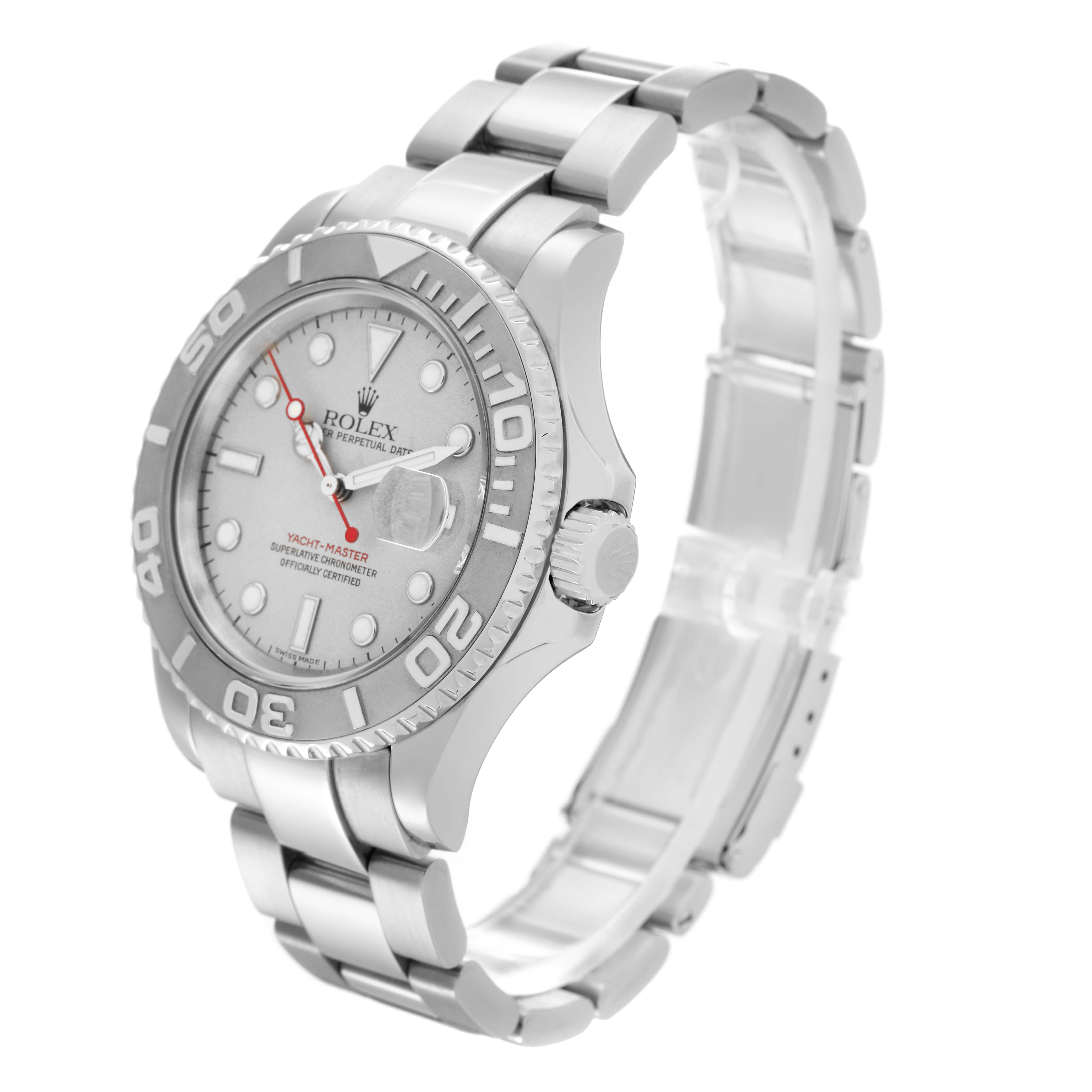 The Rolex Yacht-Master 16622 Men's Stainless Steel Silver Dial 16622 Men's Stainless Steel Silver Dial watch is shown at a three-quarter angle, highlighting its bezel, case, dial, and bracelet.