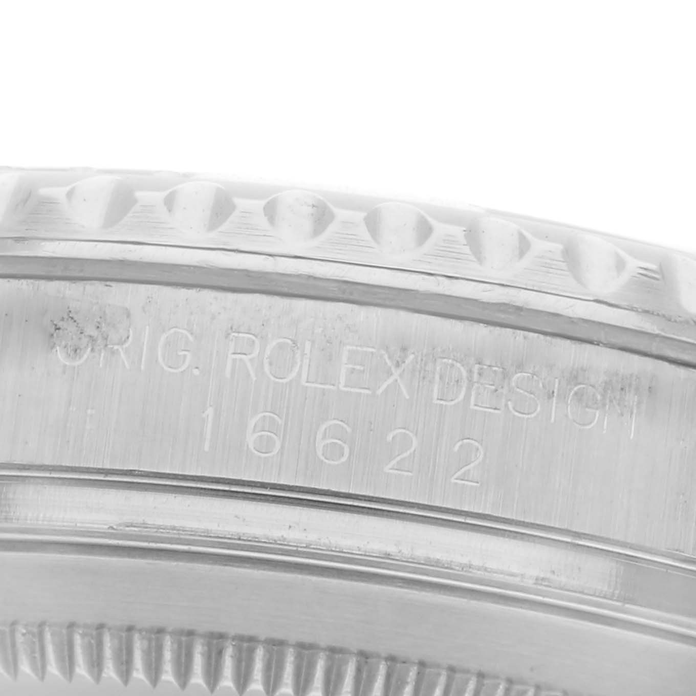 The image shows a close-up of the side of a Rolex Yacht-Master 16622 Men's Stainless Steel Silver Dial 16622 Men's Stainless Steel Silver Dial watch, featuring the model number and design engraving.