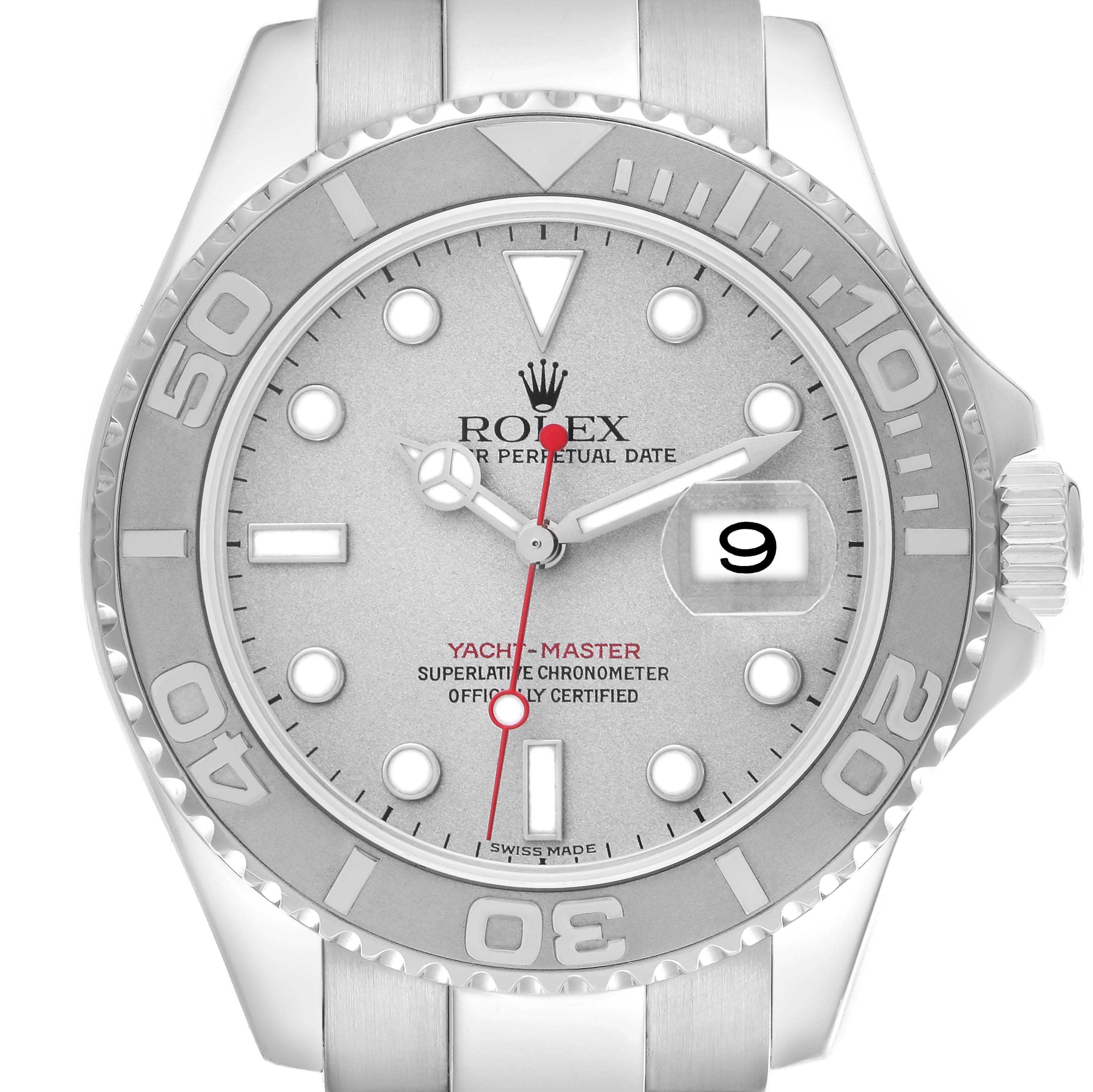 The Rolex Yacht-Master 16622 Men's Stainless Steel Silver Dial 16622 Men's Stainless Steel Silver Dial watch is shown from the front, displaying the dial, bezel, and bracelet.