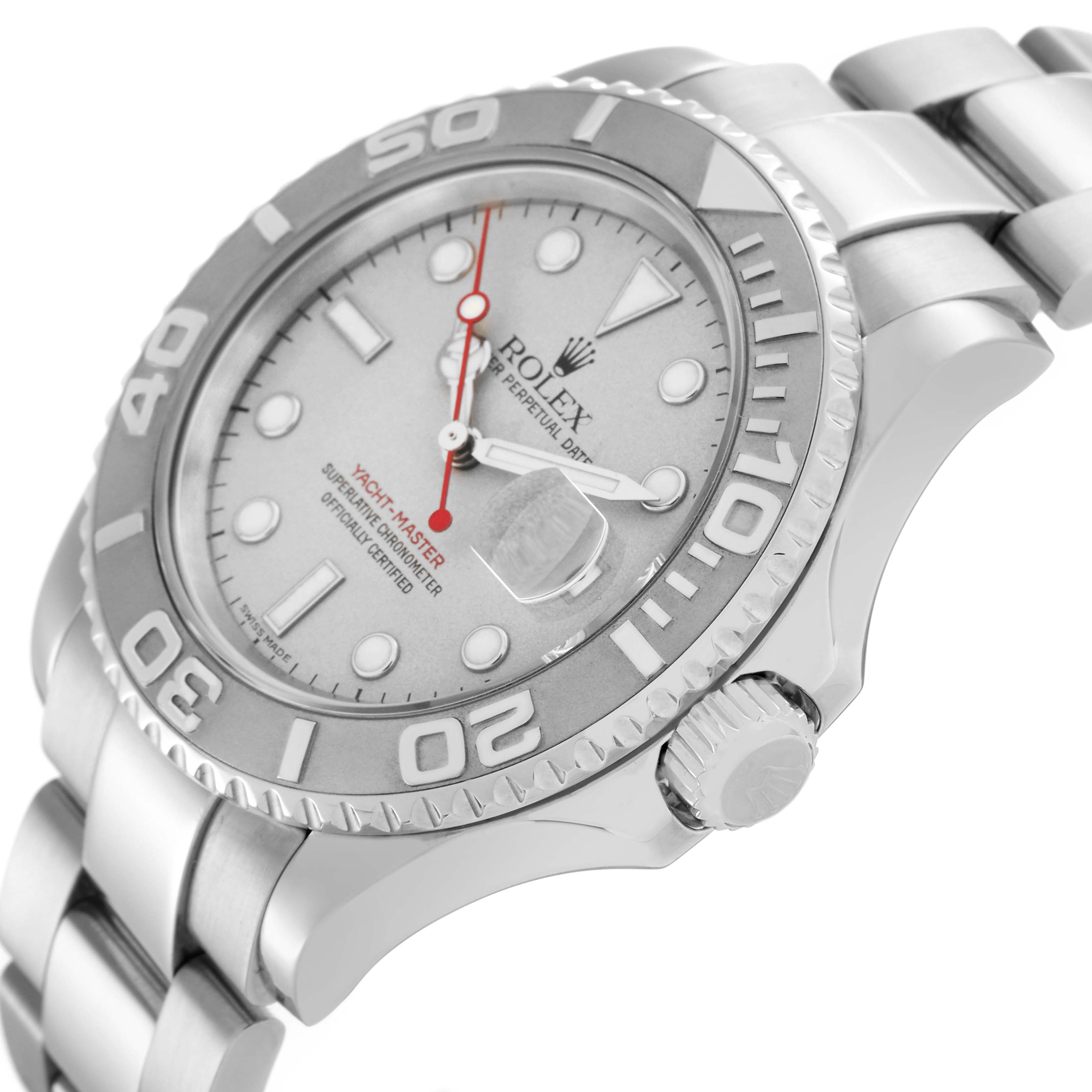 The Rolex Yacht-Master 16622 Men's Stainless Steel Silver Dial 16622 Men's Stainless Steel Silver Dial watch is shown at an angle highlighting its bezel, face, crown, and part of the bracelet.