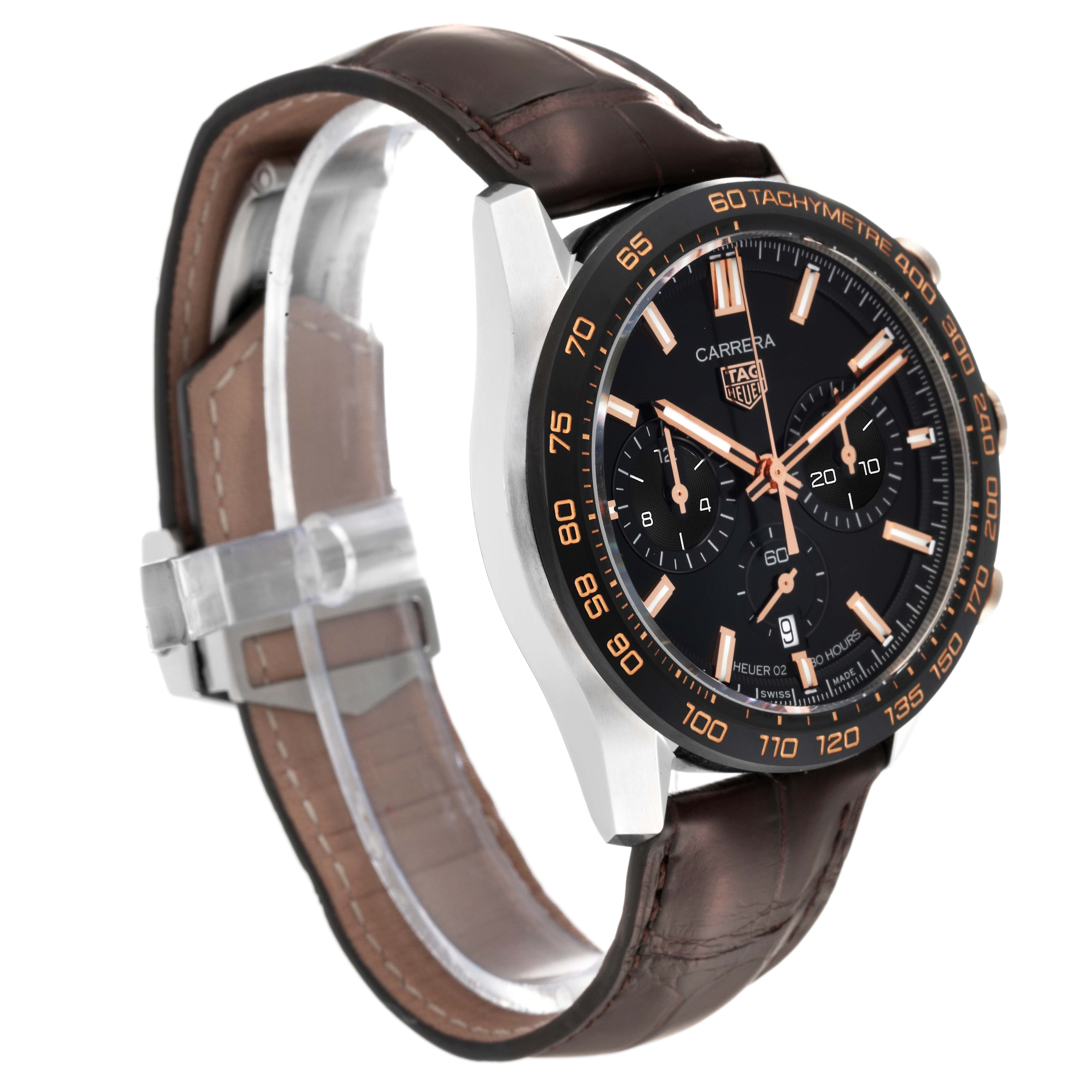 The Tag Heuer Carrera CBN2A5A.FC6481 Men's Steel and Gold (two tone) Black Dial CBN2A5A.FC6481 Men's Steel and Gold (two tone) Black Dial watch is shown at an angled side view, highlighting the dial, bezel, and leather strap.