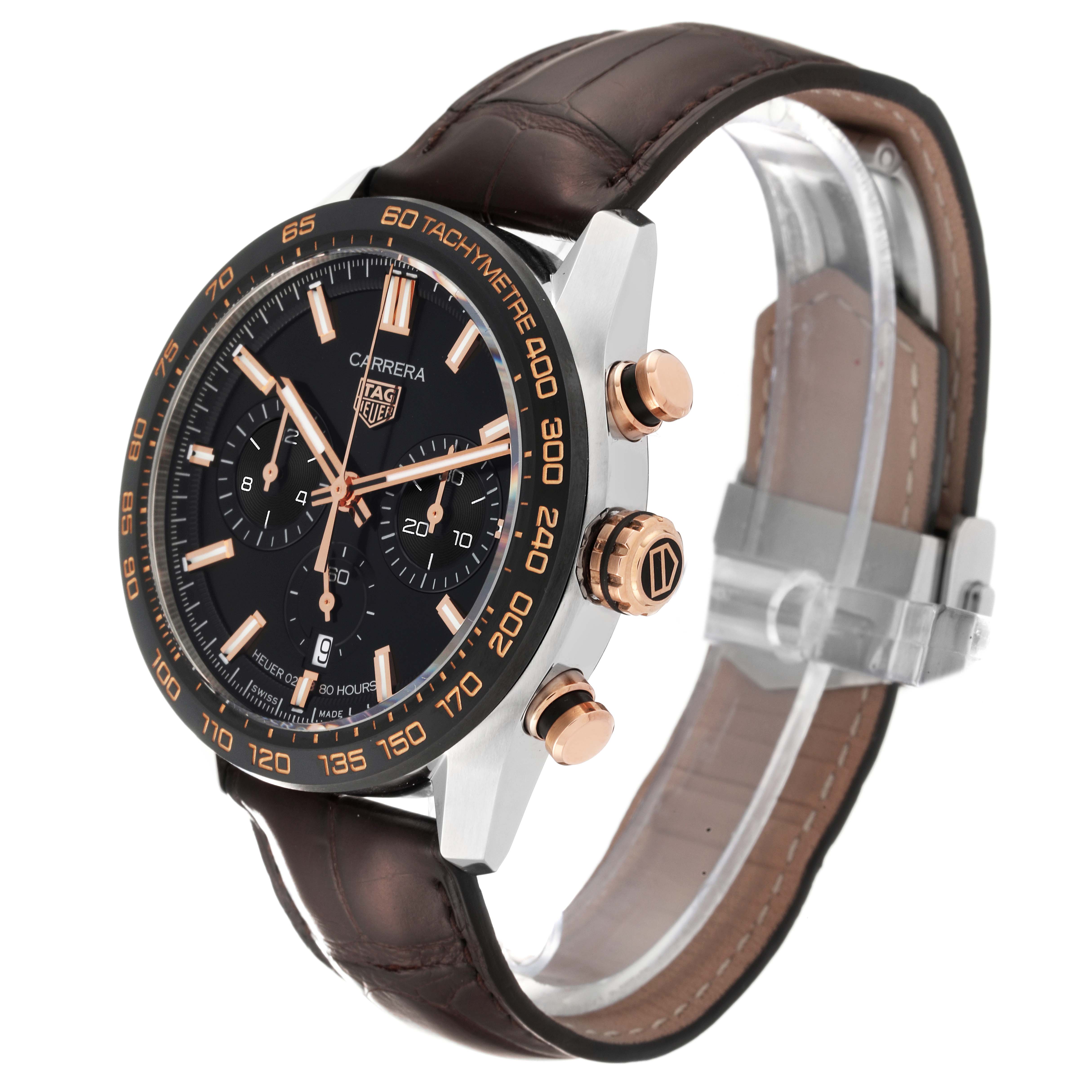 The Tag Heuer Carrera CBN2A5A.FC6481 Men's Steel and Gold (two tone) Black Dial CBN2A5A.FC6481 Men's Steel and Gold (two tone) Black Dial watch is shown at a side angle, displaying its face, bezel, crown, pushers, and leather strap.