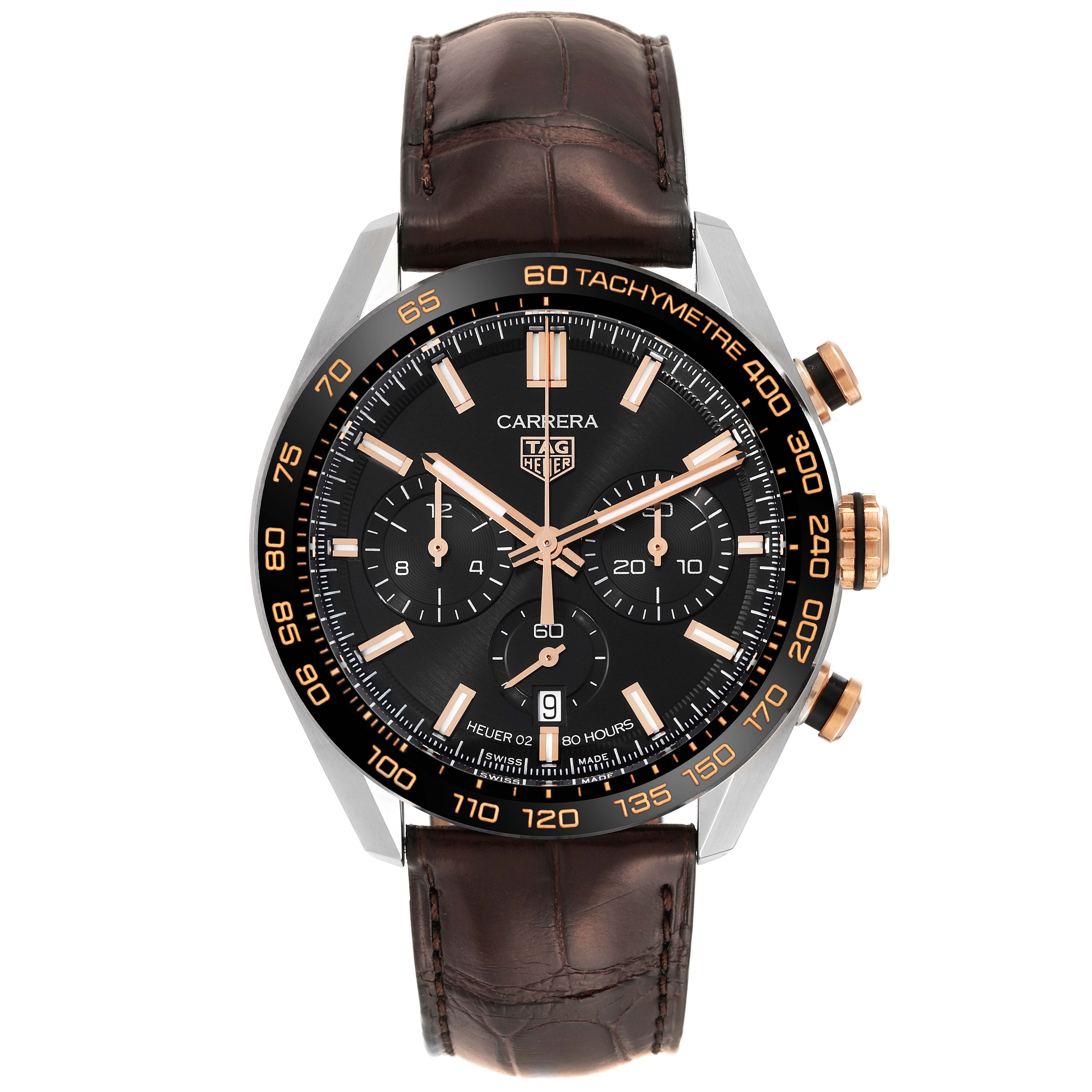 The Tag Heuer Carrera CBN2A5A.FC6481 Men's Steel and Gold (two tone) Black Dial CBN2A5A.FC6481 Men's Steel and Gold (two tone) Black Dial watch is shown from the front, displaying the dial, bezel, crown, pushers, and leather strap.