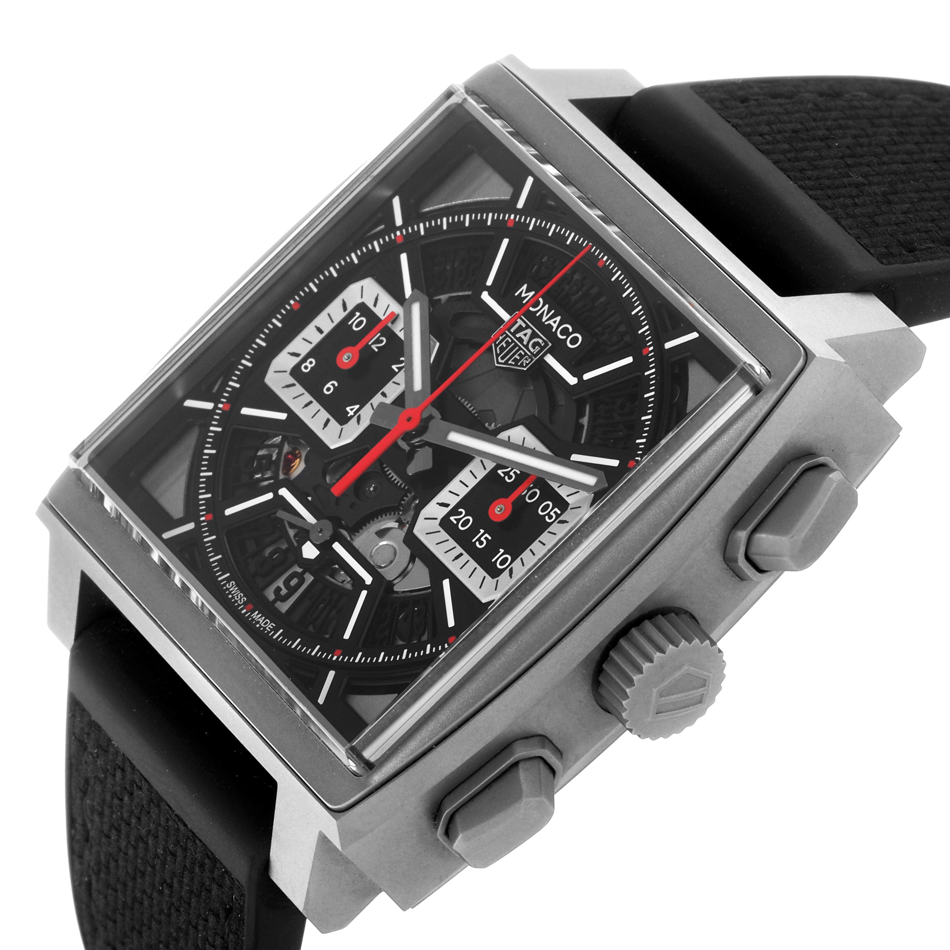 The Tag Heuer Monaco CBL2183.FT6236 Men's Titanium Black Dial CBL2183.FT6236 Men's Titanium Black Dial model is shown from a front-side angle, highlighting the square case, dial, crown, and pushers.