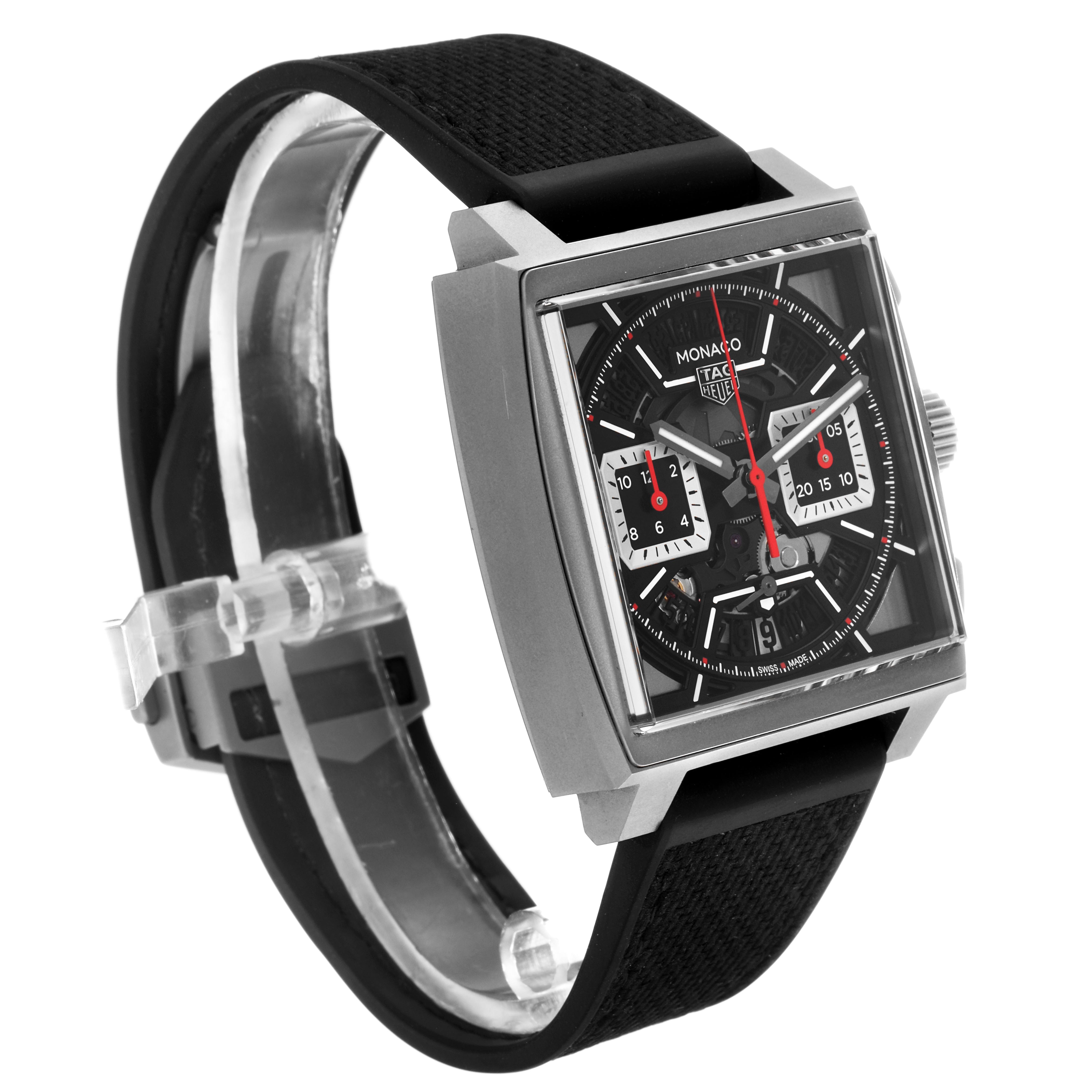 The Tag Heuer Monaco CBL2183.FT6236 Men's Titanium Black Dial CBL2183.FT6236 Men's Titanium Black Dial watch is shown at an angled side view, highlighting the square face, crown, and black strap.