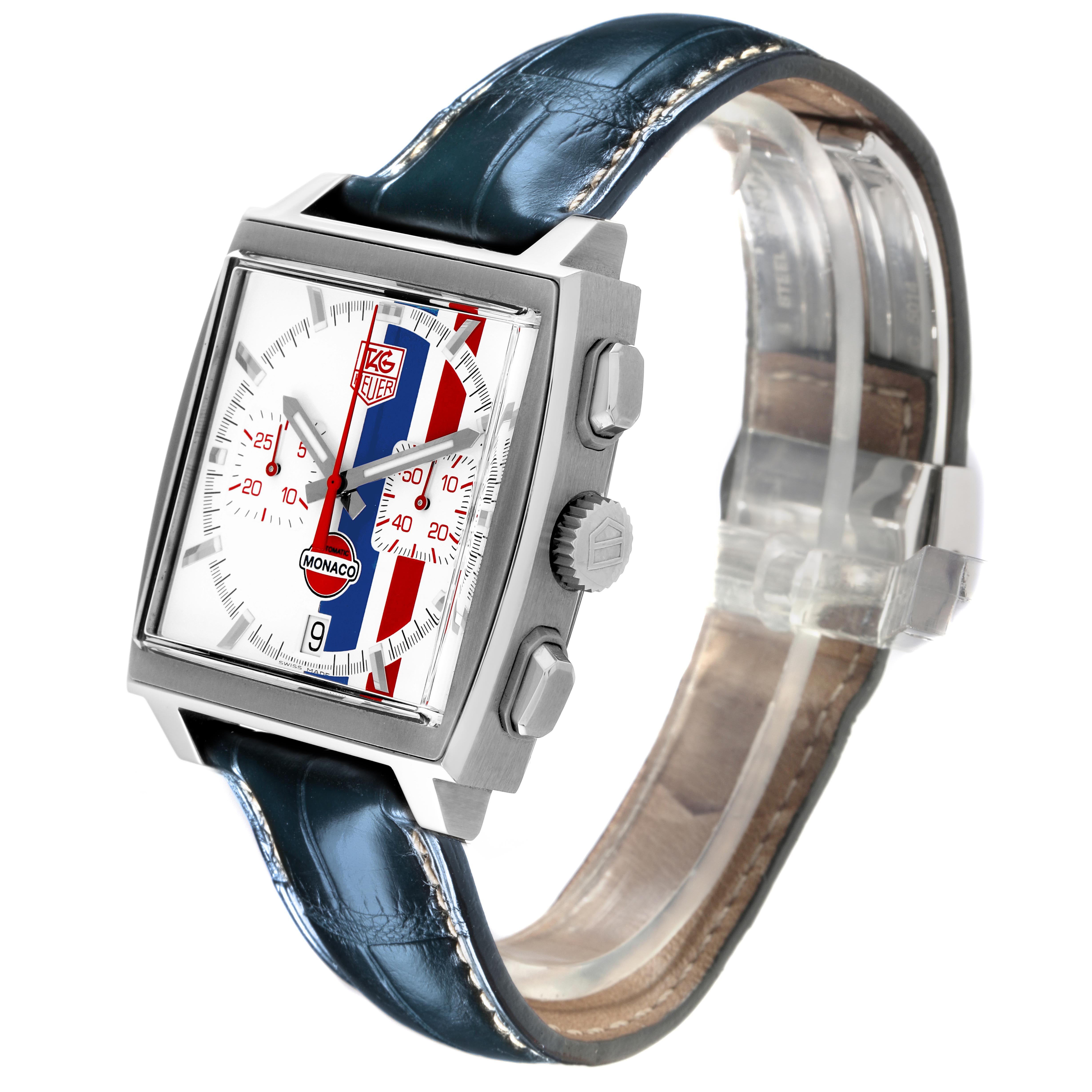 The image shows a Tag Heuer Monaco CW2118.FC6207 Men's Stainless Steel White Dial CW2118.FC6207 Men's Stainless Steel White Dial watch at a side angle, highlighting the square case, buttons, crown, and leather strap.