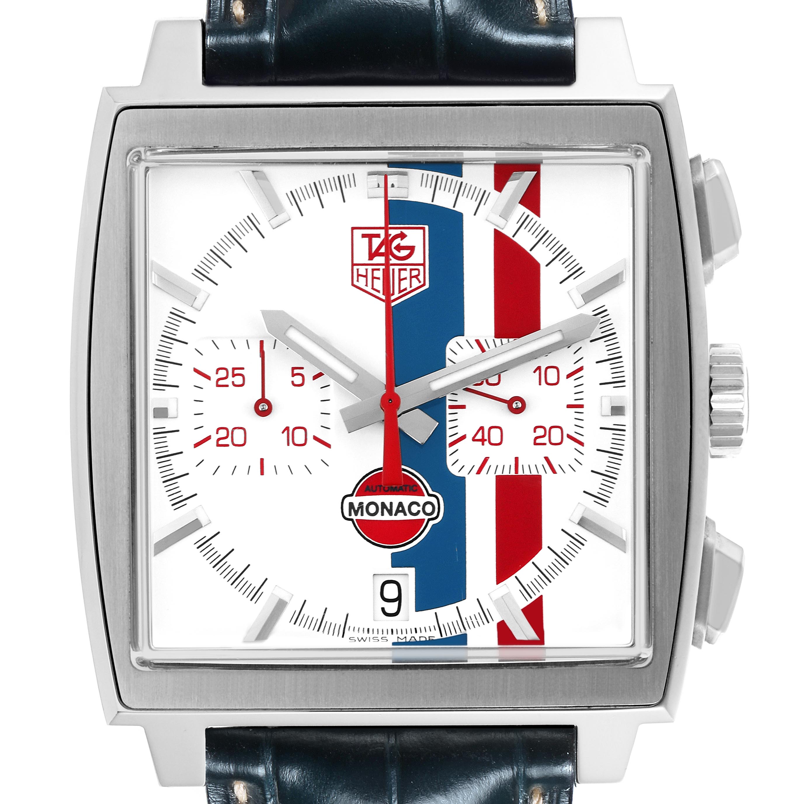 The image shows a front view of a Tag Heuer Monaco CW2118.FC6207 Men's Stainless Steel White Dial CW2118.FC6207 Men's Stainless Steel White Dial watch, highlighting its dial, hands, subdials, and red-blue-white stripe design.