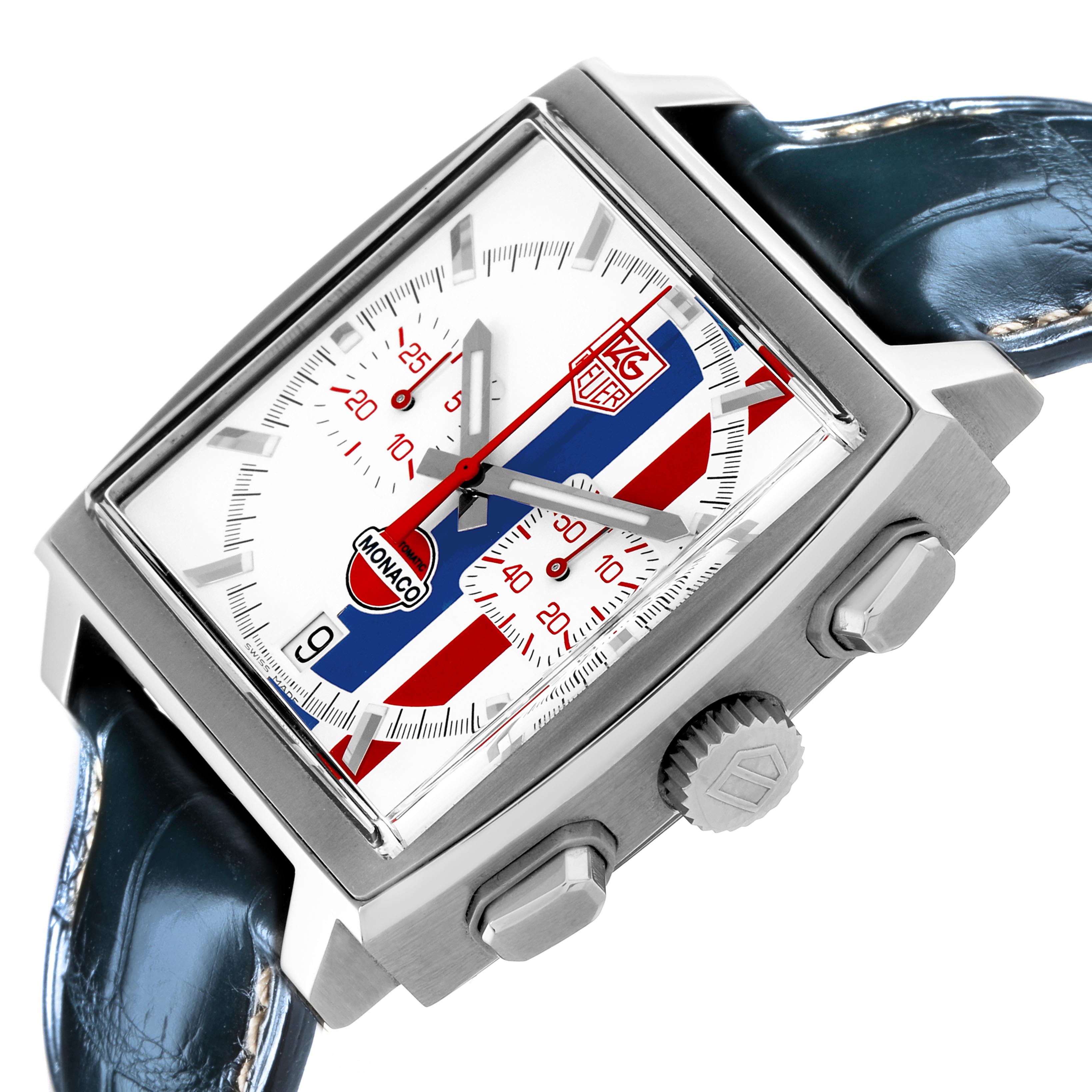 The Tag Heuer Monaco CW2118.FC6207 Men's Stainless Steel White Dial CW2118.FC6207 Men's Stainless Steel White Dial watch is shown at an angled side view, highlighting the crown, pushers, and strap.