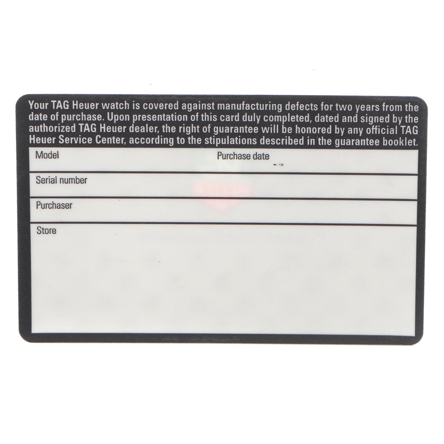 The image shows a warranty card for a Tag Heuer Monaco CW2118.FC6207 Men's Stainless Steel White Dial CW2118.FC6207 Men's Stainless Steel White Dial watch, displaying sections for model, purchase date, serial number, purchaser, and store.