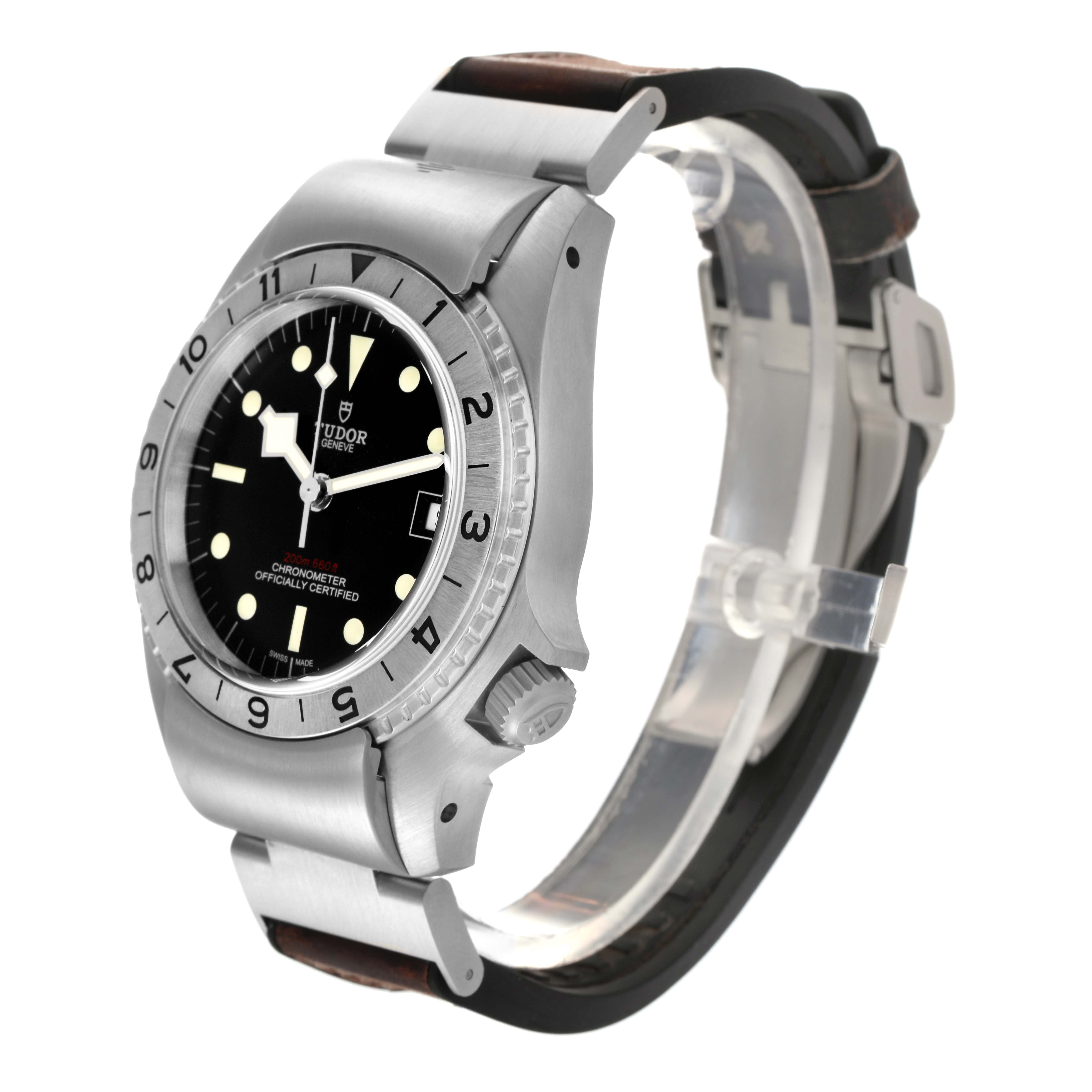 The Tudor Heritage Black Bay M70150-0001 Men's Stainless Steel Black Dial M70150-0001 Men's Stainless Steel Black Dial watch is shown at an angled side view, highlighting the bezel, dial, crown, and strap.