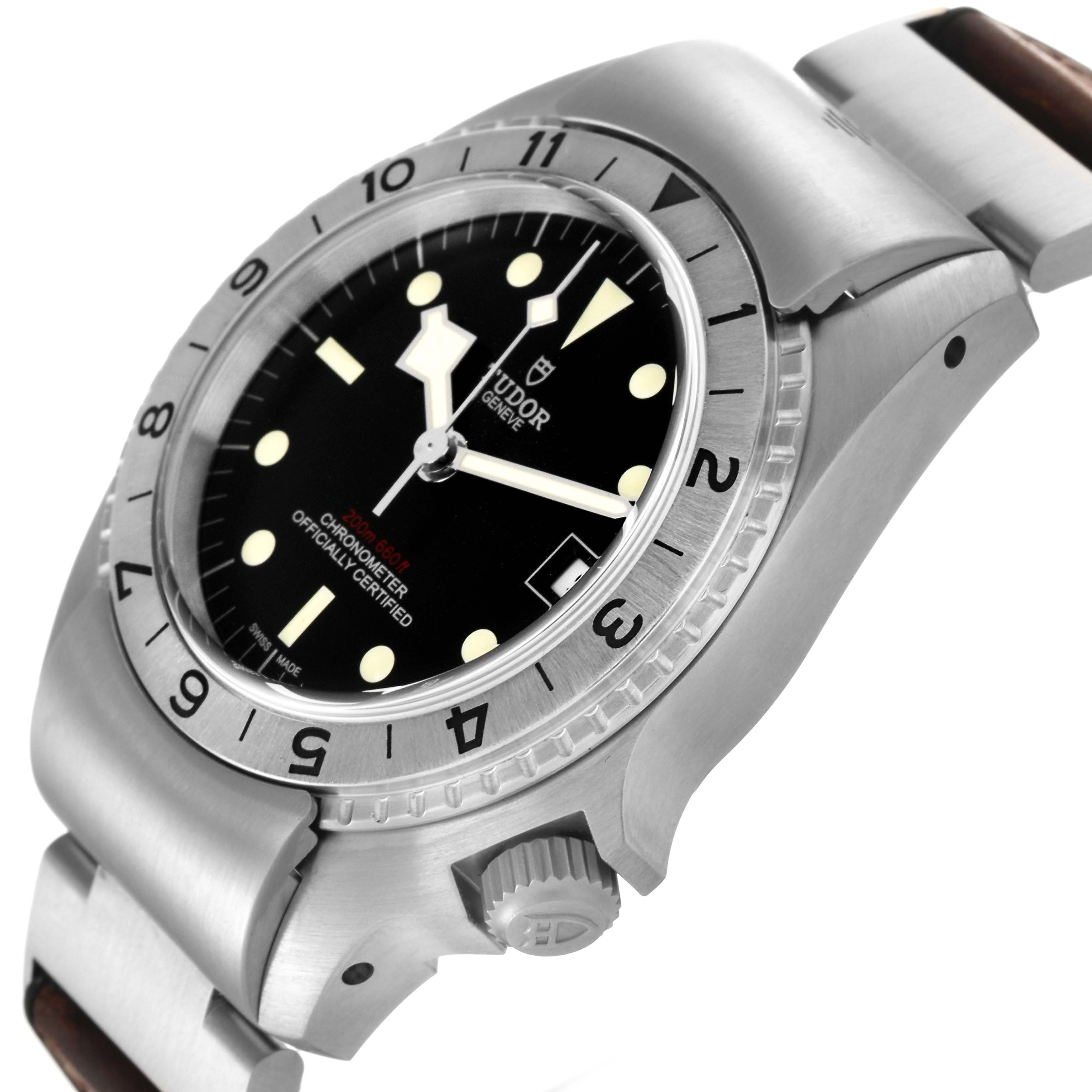 The Tudor Heritage Black Bay M70150-0001 Men's Stainless Steel Black Dial M70150-0001 Men's Stainless Steel Black Dial watch is shown from a side angle, highlighting the bezel, dial, crown, and part of the strap.