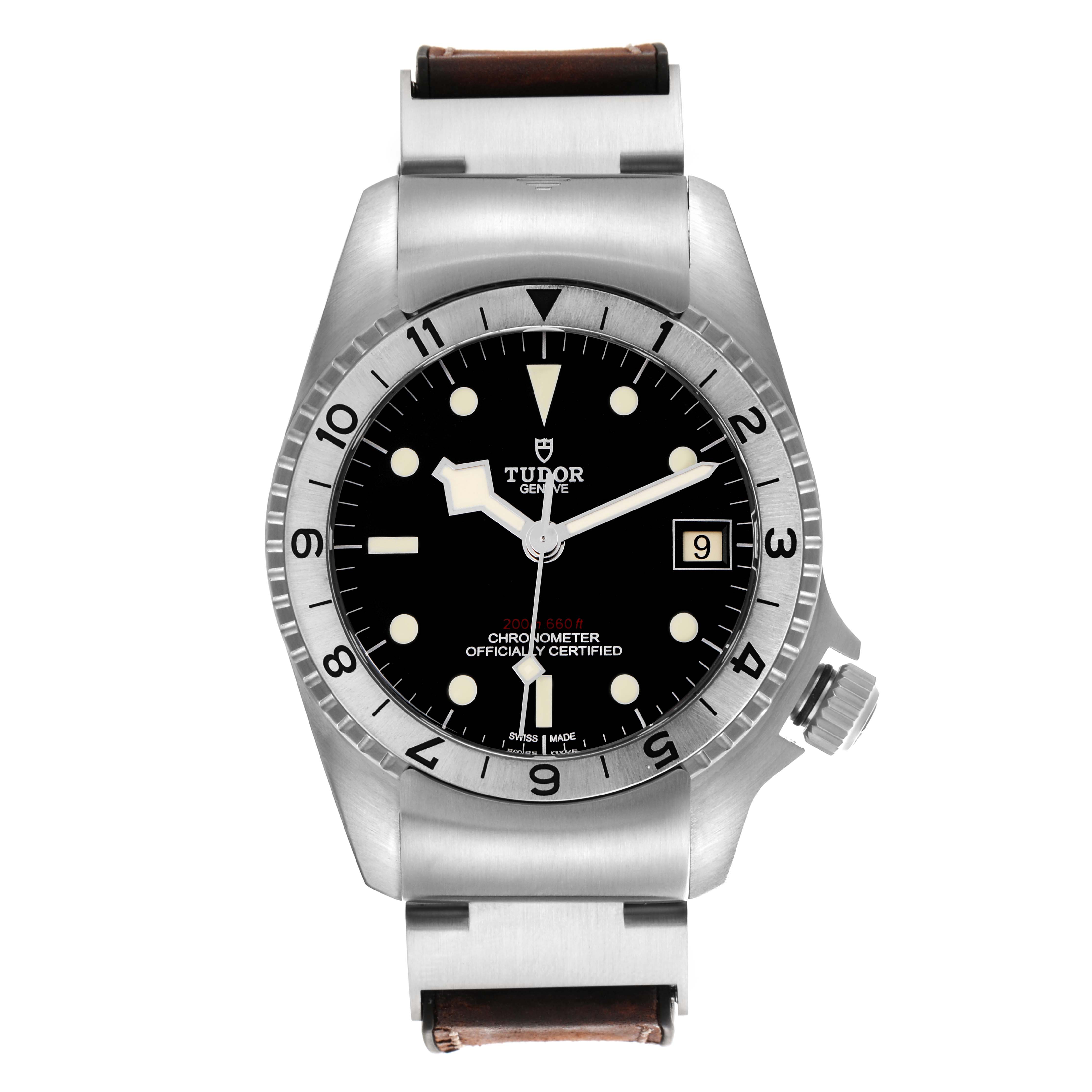 The Tudor Heritage Black Bay M70150-0001 Men's Stainless Steel Black Dial M70150-0001 Men's Stainless Steel Black Dial watch is shown from a top view, displaying the dial, bezel, hands, and part of the bracelet.