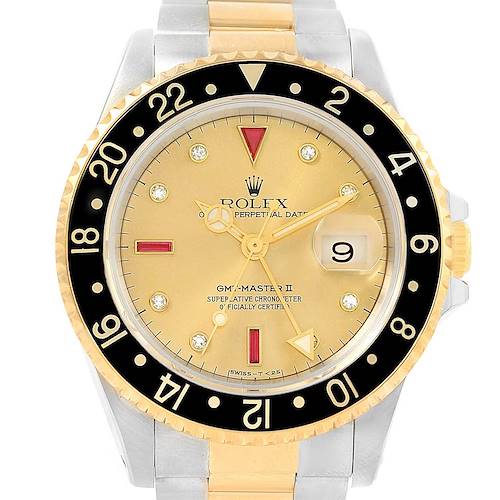 Photo of Rolex GMT-Master II Yellow Gold Steel Diamond Ruby Serti Dial Watch 16713***Partial Payment for trade***