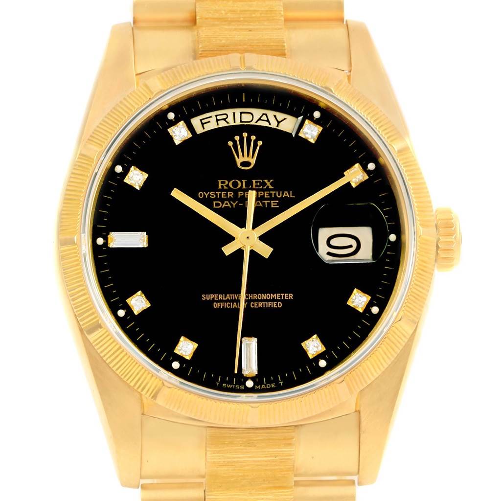 The image shows a front view of the Rolex 18248 Men's Yellow Gold Black Dial 18248 Men's Yellow Gold Black Dial Day-Date President Yellow Gold Black Diamond Dial Men's Watch 18248 model, displaying the dial and bracelet.