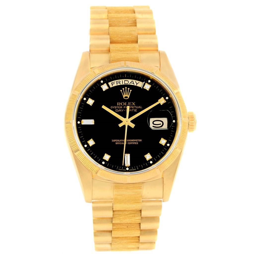 This image shows a front angle of the Rolex 18248 Men's Yellow Gold Black Dial 18248 Men's Yellow Gold Black Dial Day-Date President Yellow Gold Black Diamond Dial Men's Watch, model 18248.