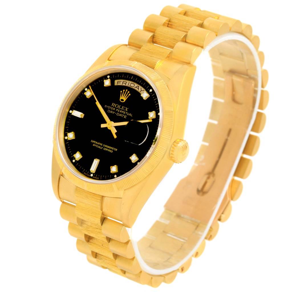 The image shows a Rolex 18248 Men's Yellow Gold Black Dial 18248 Men's Yellow Gold Black Dial Day-Date President Yellow Gold 18248 model from an angled view highlighting the black diamond dial and bracelet.