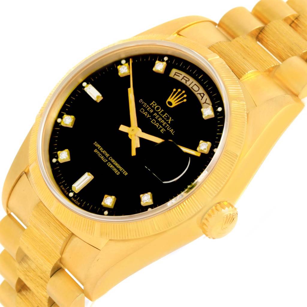 The Rolex 18248 Men's Yellow Gold Black Dial 18248 Men's Yellow Gold Black Dial Day-Date President 18248 model is shown at an oblique angle, highlighting the black diamond dial, day, and date features.