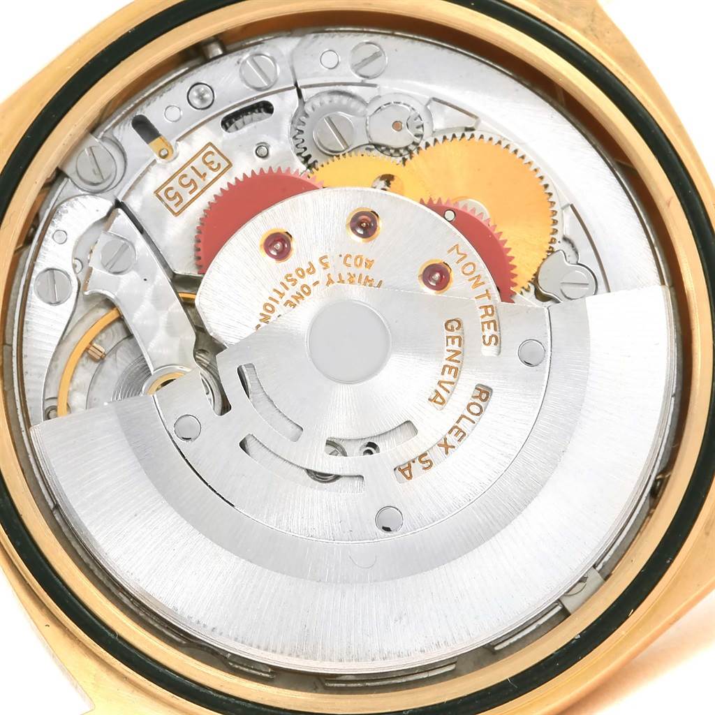 The image shows the internal mechanics of a Rolex 18248 Men's Yellow Gold Black Dial 18248 Men's Yellow Gold Black Dial Day-Date President Yellow Gold Black Diamond Dial Mens Watch 18248 model.