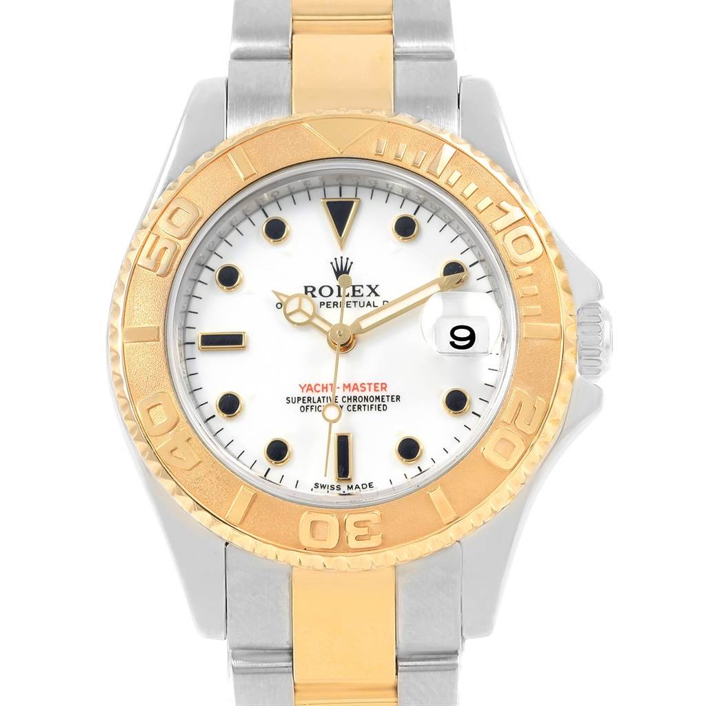 The Rolex 168623 Steel and Gold (two tone) White Dial 168623 Steel and Gold (two tone) White Dial Yachtmaster 35 Midsize Steel Yellow Gold Watch model 168623 is shown from a front angle, highlighting the dial, bezel, and part of the bracelet.