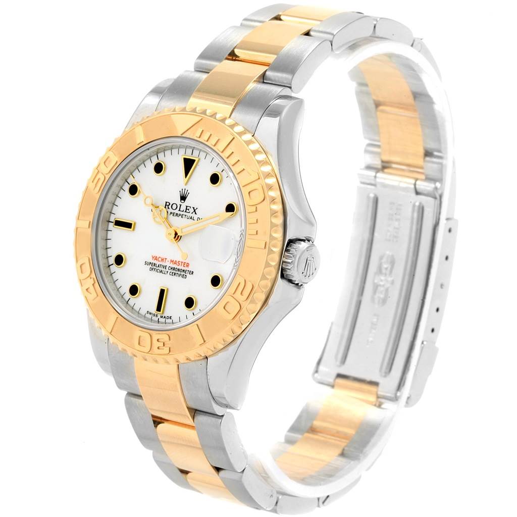 The image shows a side view of the Rolex 168623 Steel and Gold (two tone) White Dial 168623 Steel and Gold (two tone) White Dial Yachtmaster 35 Midsize Steel Yellow Gold Watch 168623, highlighting the case, dial, and bracelet.