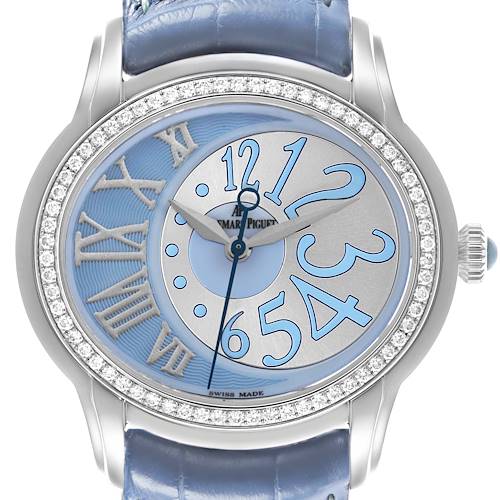 The Audemars Piguet Millenary 77301ST.ZZ.D303CR.01 Women's Stainless Steel Blue Dial watch is shown from a frontal angle highlighting its detailed dial, bezel, and blue strap.