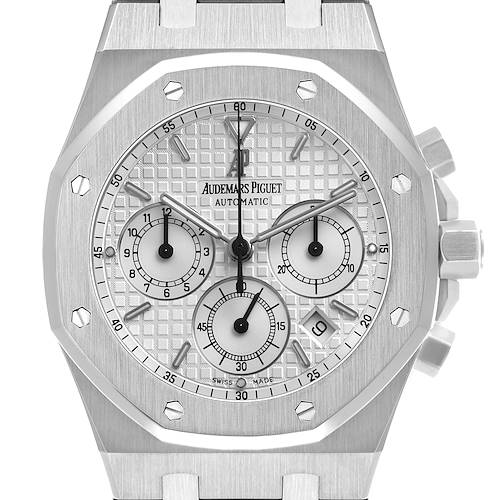 The image shows a frontal view of the Audemars Piguet Royal Oak 25860ST.OO.1110ST.05 Men's Stainless Steel White Dial watch, highlighting its face, subdials, and bezel.