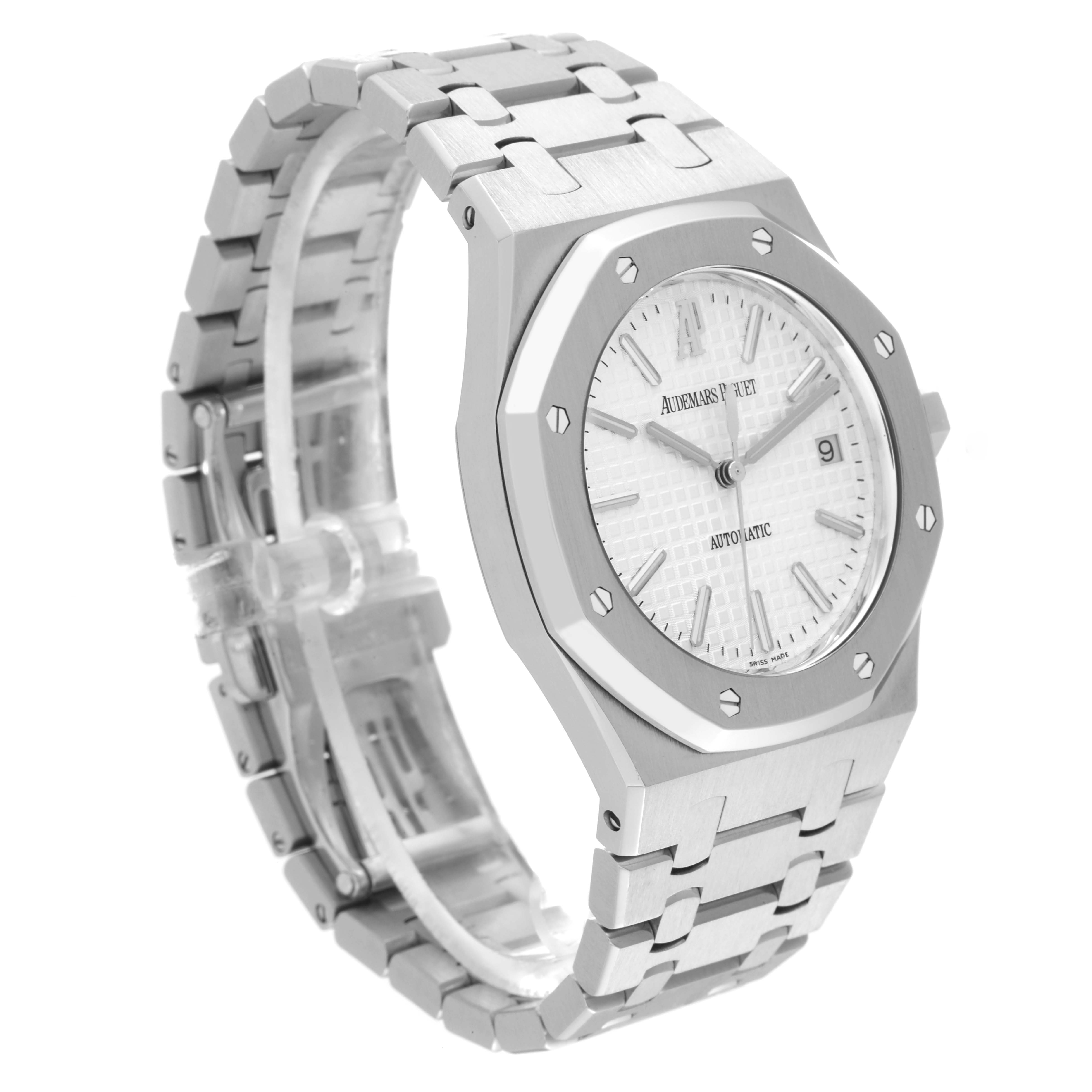 The image shows a side-angle view of the Audemars Piguet Royal Oak 15300ST.00.1220ST.01 Men's Stainless Steel White Dial 15300ST.00.1220ST.01 Men's Stainless Steel White Dial watch, highlighting its dial, bezel, and bracelet.