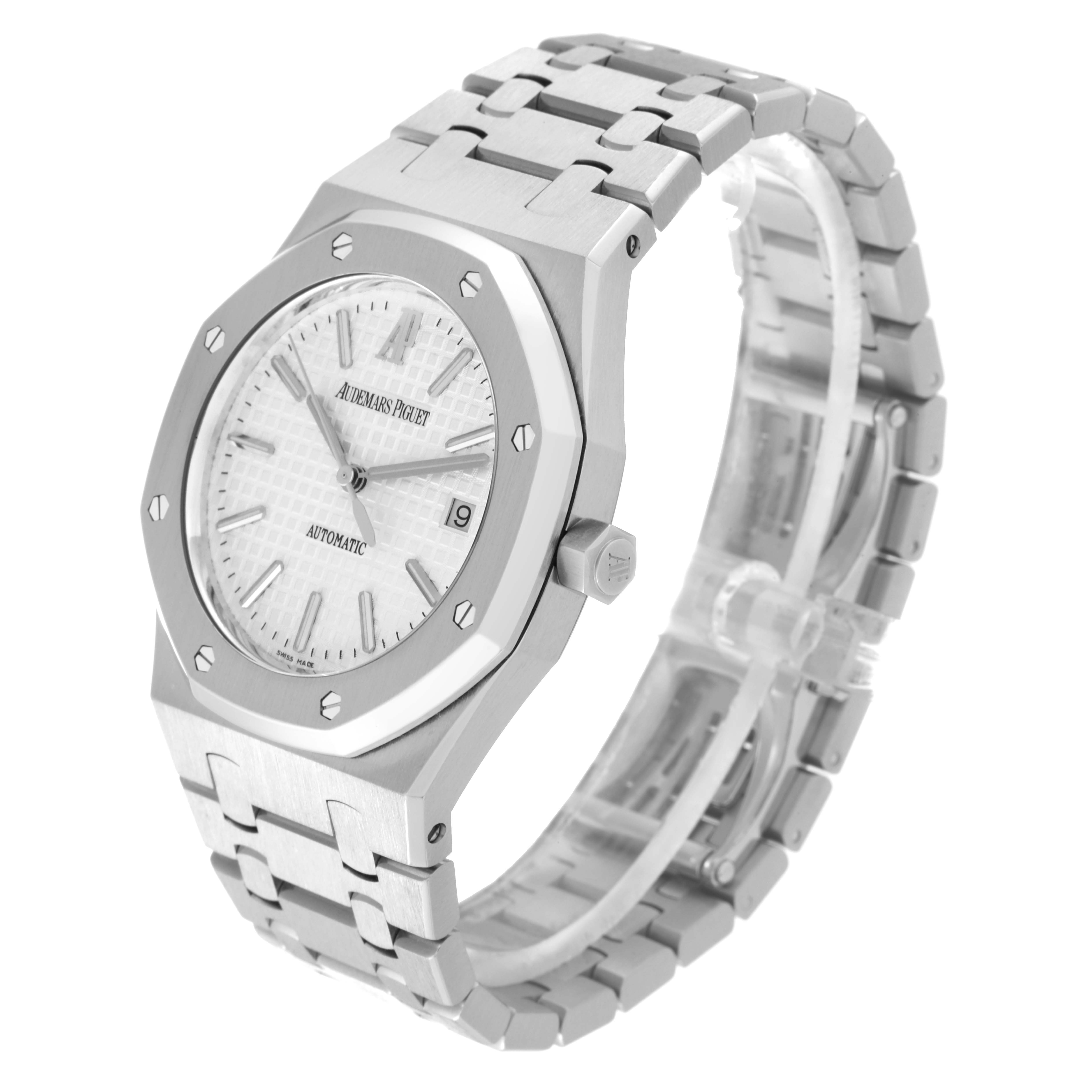 The image shows a front-side angle of an Audemars Piguet Royal Oak 15300ST.00.1220ST.01 Men's Stainless Steel White Dial 15300ST.00.1220ST.01 Men's Stainless Steel White Dial watch, highlighting its face, bezel, crown, and bracelet.
