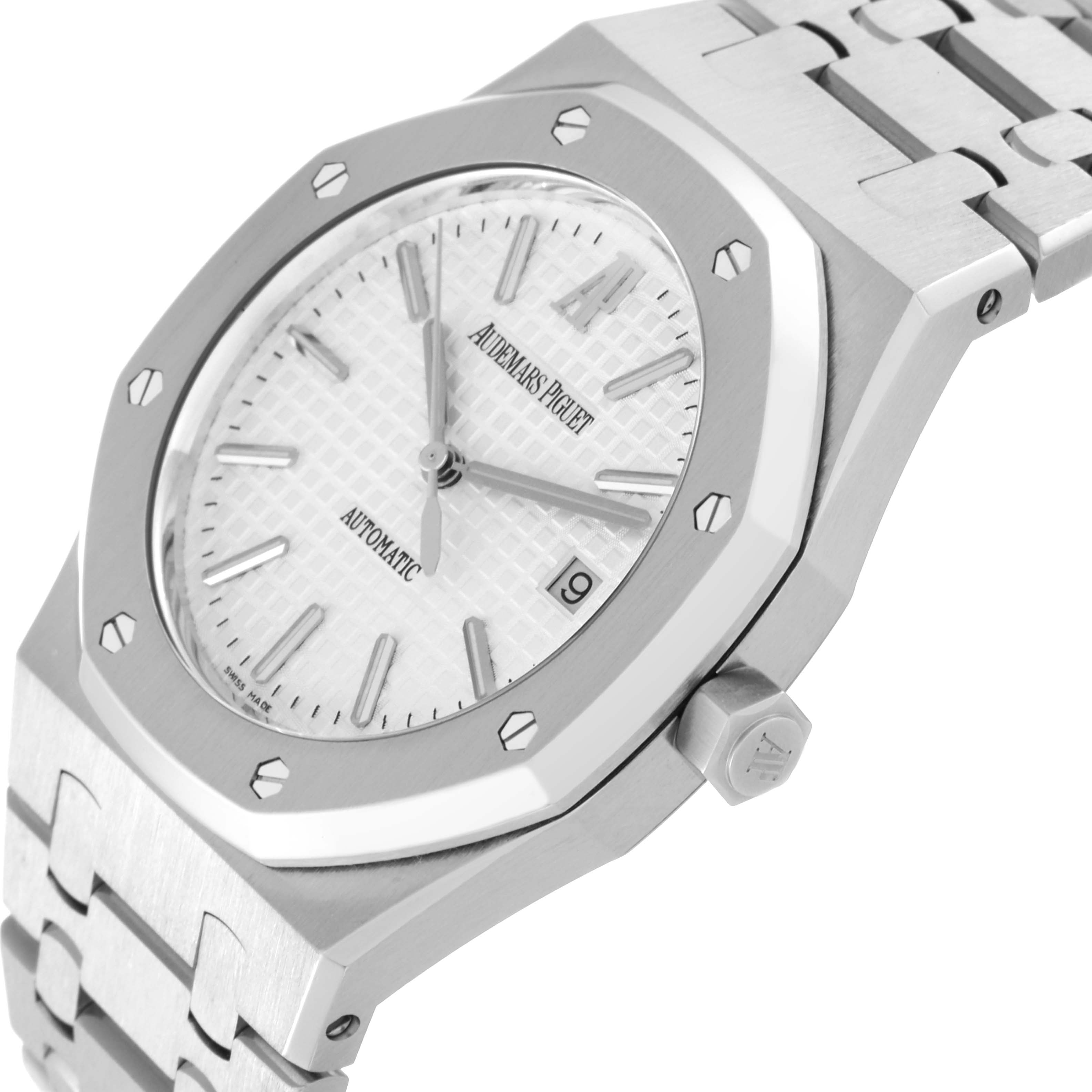 This image shows a close-up angle of the Audemars Piguet Royal Oak 15300ST.00.1220ST.01 Men's Stainless Steel White Dial 15300ST.00.1220ST.01 Men's Stainless Steel White Dial watch, focusing on its face, bezel, and a section of the bracelet.