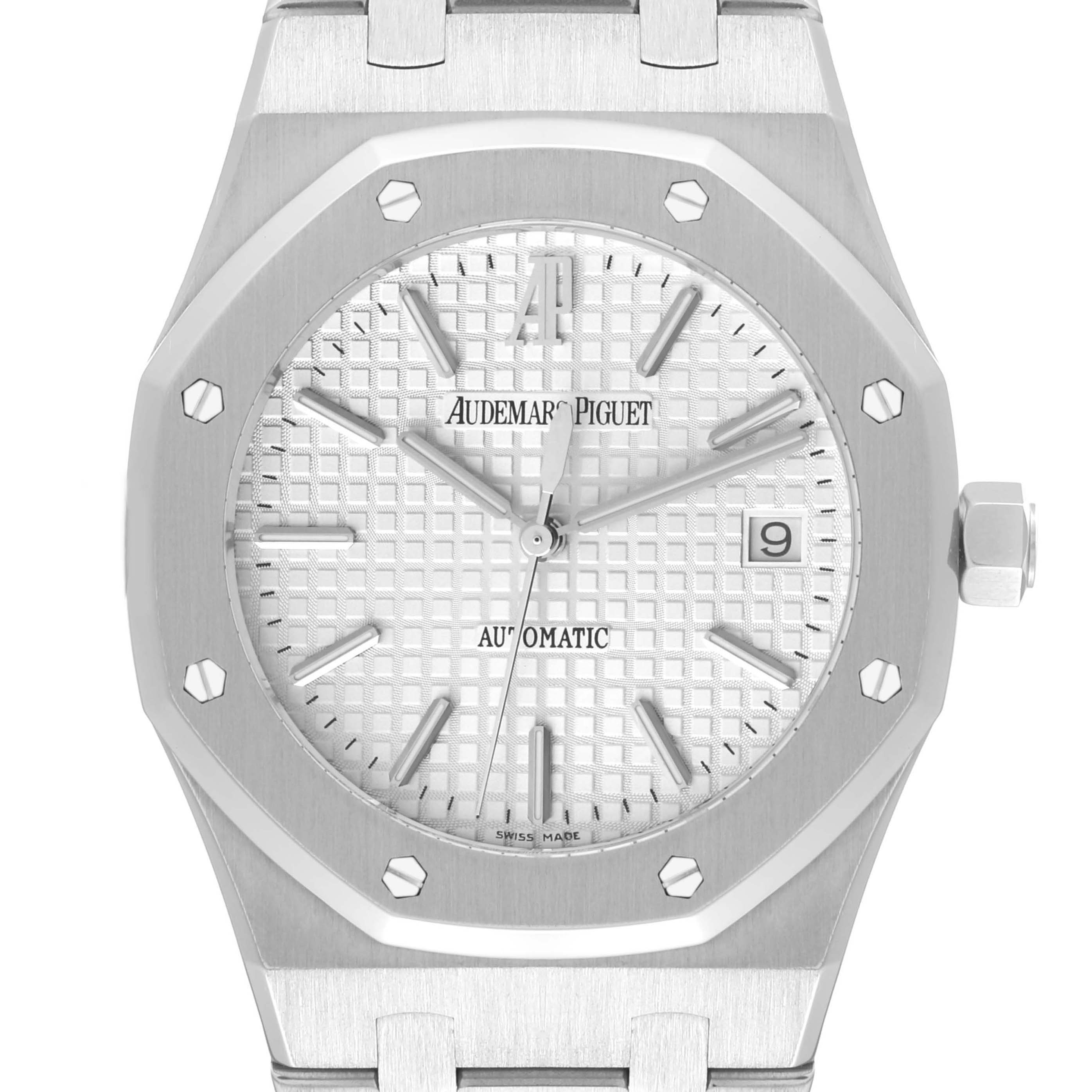 The image shows a front view of the Audemars Piguet Royal Oak 15300ST.00.1220ST.01 Men's Stainless Steel White Dial 15300ST.00.1220ST.01 Men's Stainless Steel White Dial watch, highlighting its octagonal bezel, dial, hands, and date window.