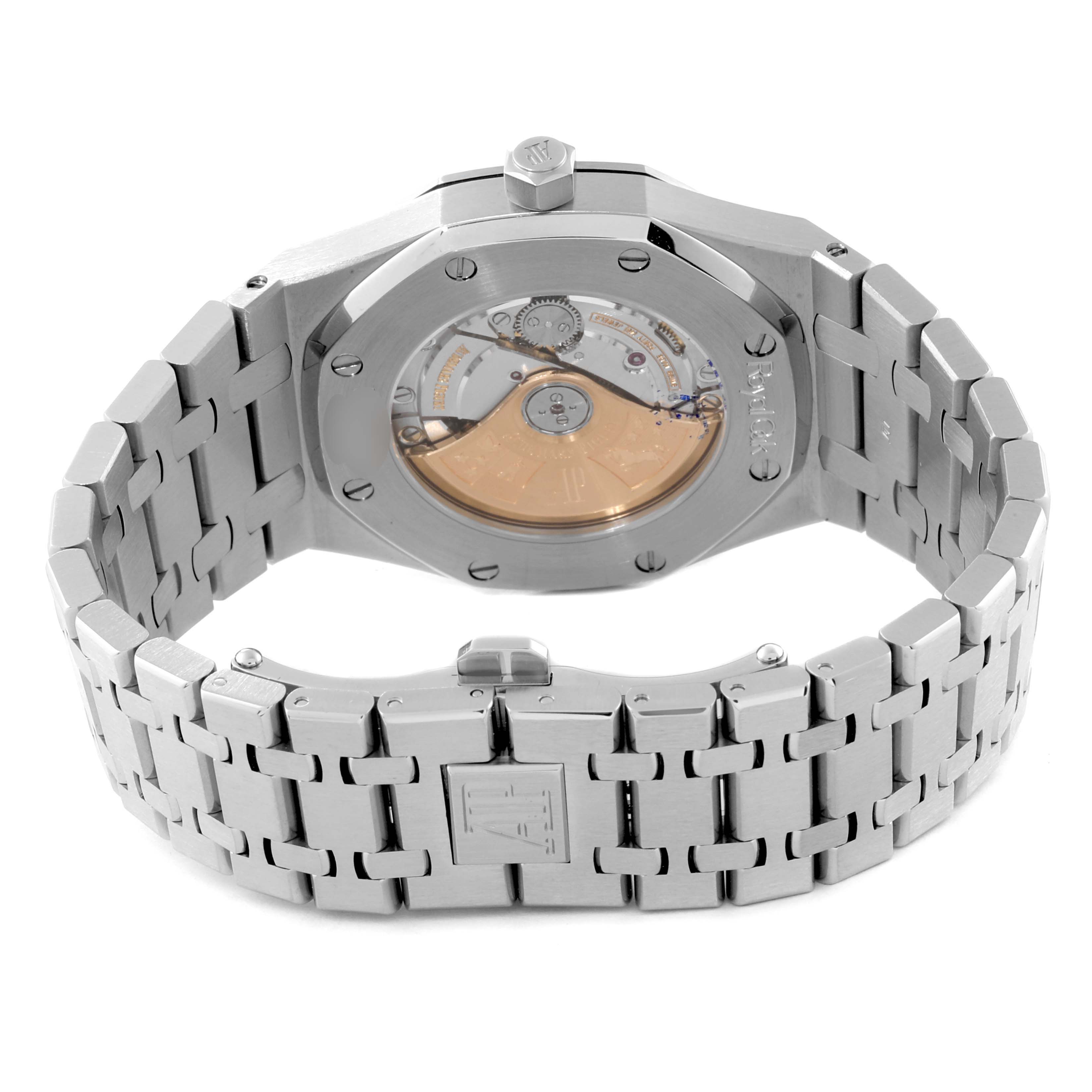 This image shows the back of the Audemars Piguet Royal Oak 15300ST.00.1220ST.01 Men's Stainless Steel White Dial 15300ST.00.1220ST.01 Men's Stainless Steel White Dial watch, highlighting the exposed movement and the bracelet.