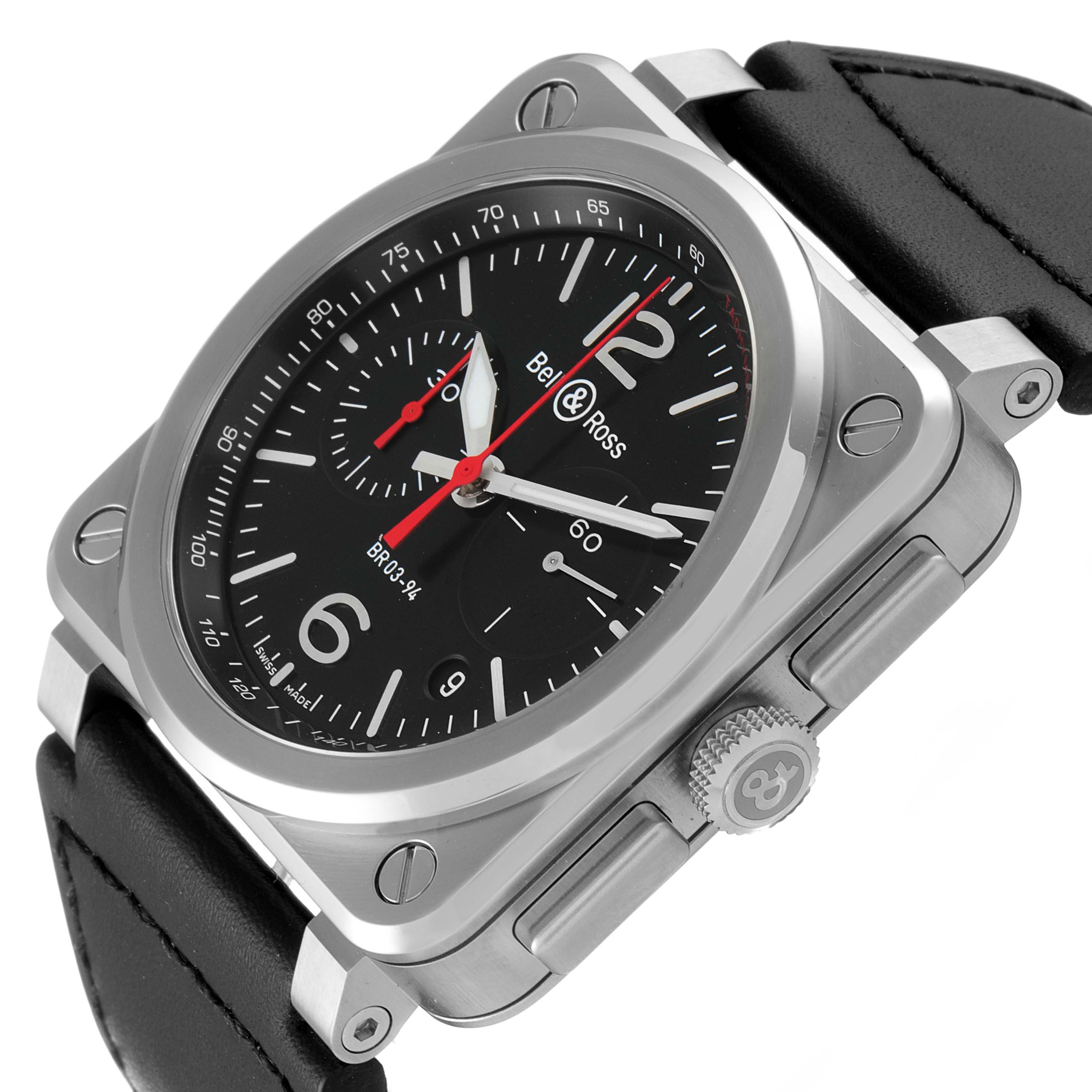 The image shows a Bell & Ross BR03-94 Chronograph watch at an oblique angle, highlighting the dial, crown, and part of the strap.