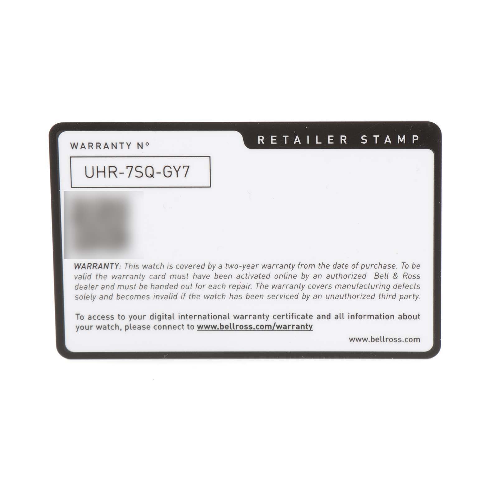 The image shows a warranty card for a Bell & Ross Chronograph watch, showcasing the warranty number and retailer stamp section.