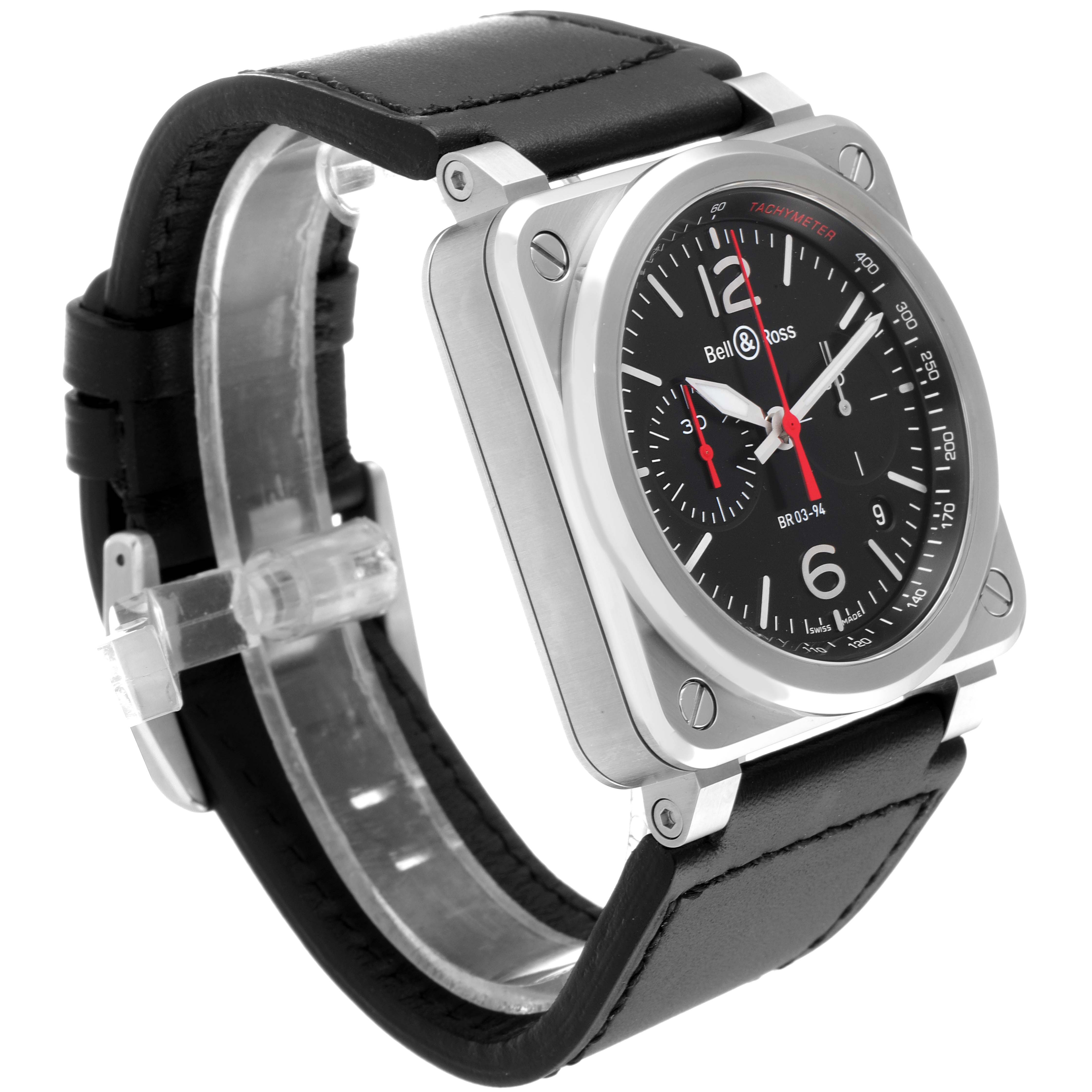 The image shows a Bell & Ross Chronograph watch at a three-quarter angle, highlighting the black dial, stainless steel case, and black leather strap.