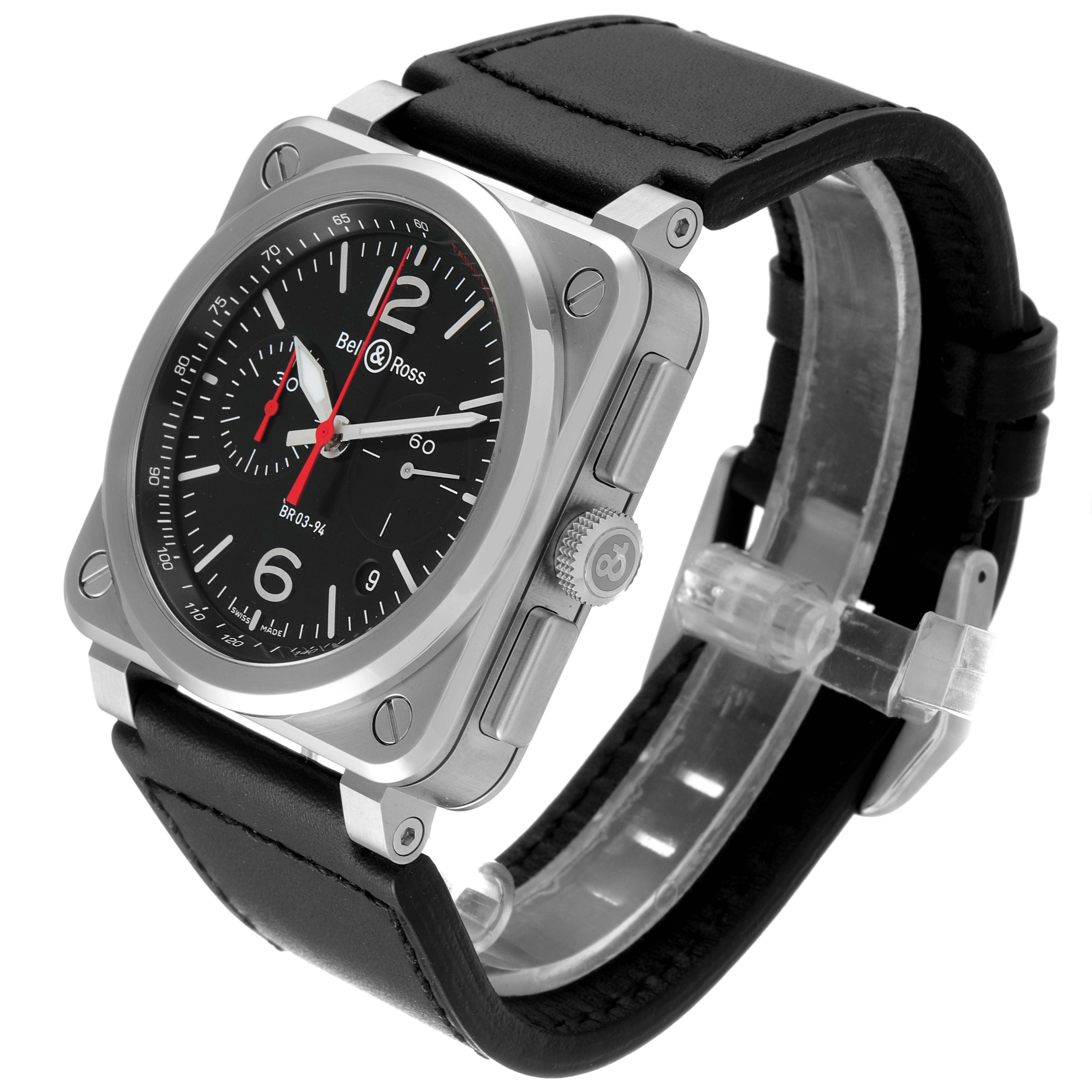 This image shows an angled view of the Bell & Ross Chronograph watch, highlighting its square case, black dial, and leather strap.