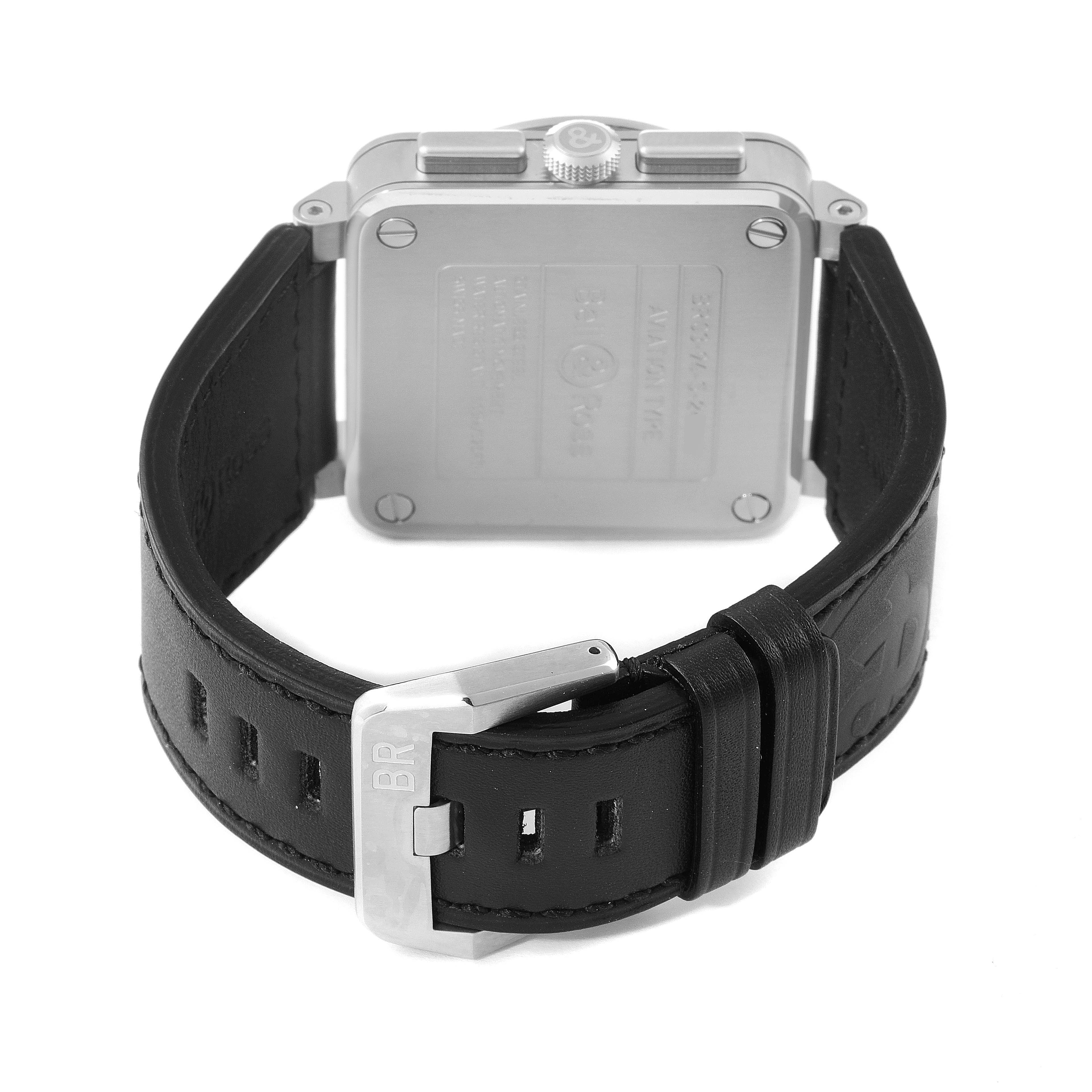 The image shows the back of the case and strap of the Bell & Ross Chronograph watch.