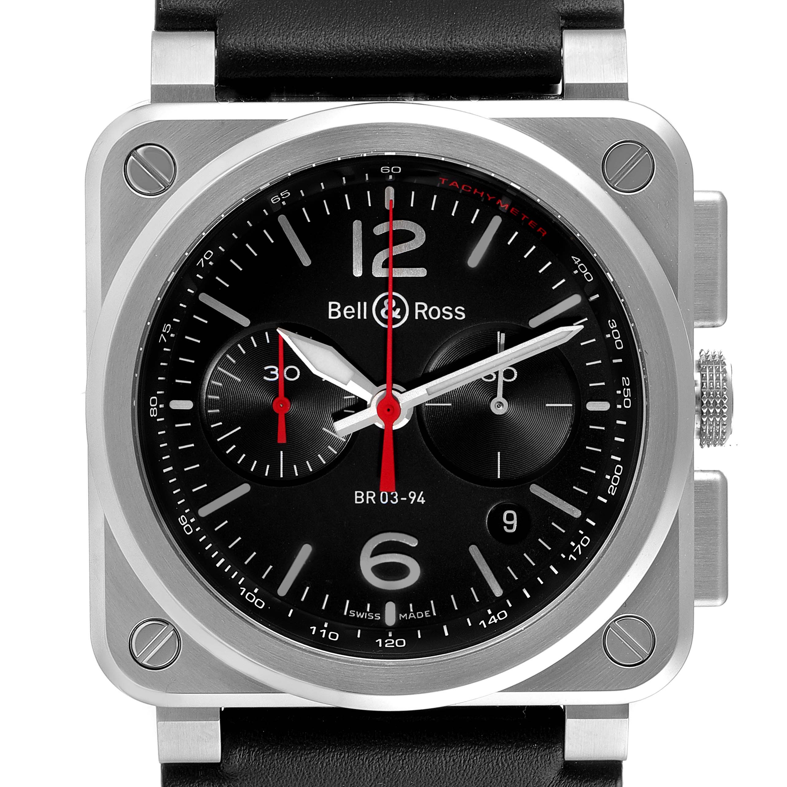 This image shows a front view of the Bell & Ross Instruments BR0394-BLC-ST/SCA Men's Stainless Steel Black Dial BR0394-BLC-ST/SCA Men's Stainless Steel Black Dial model watch, highlighting the dial, case, and crown.