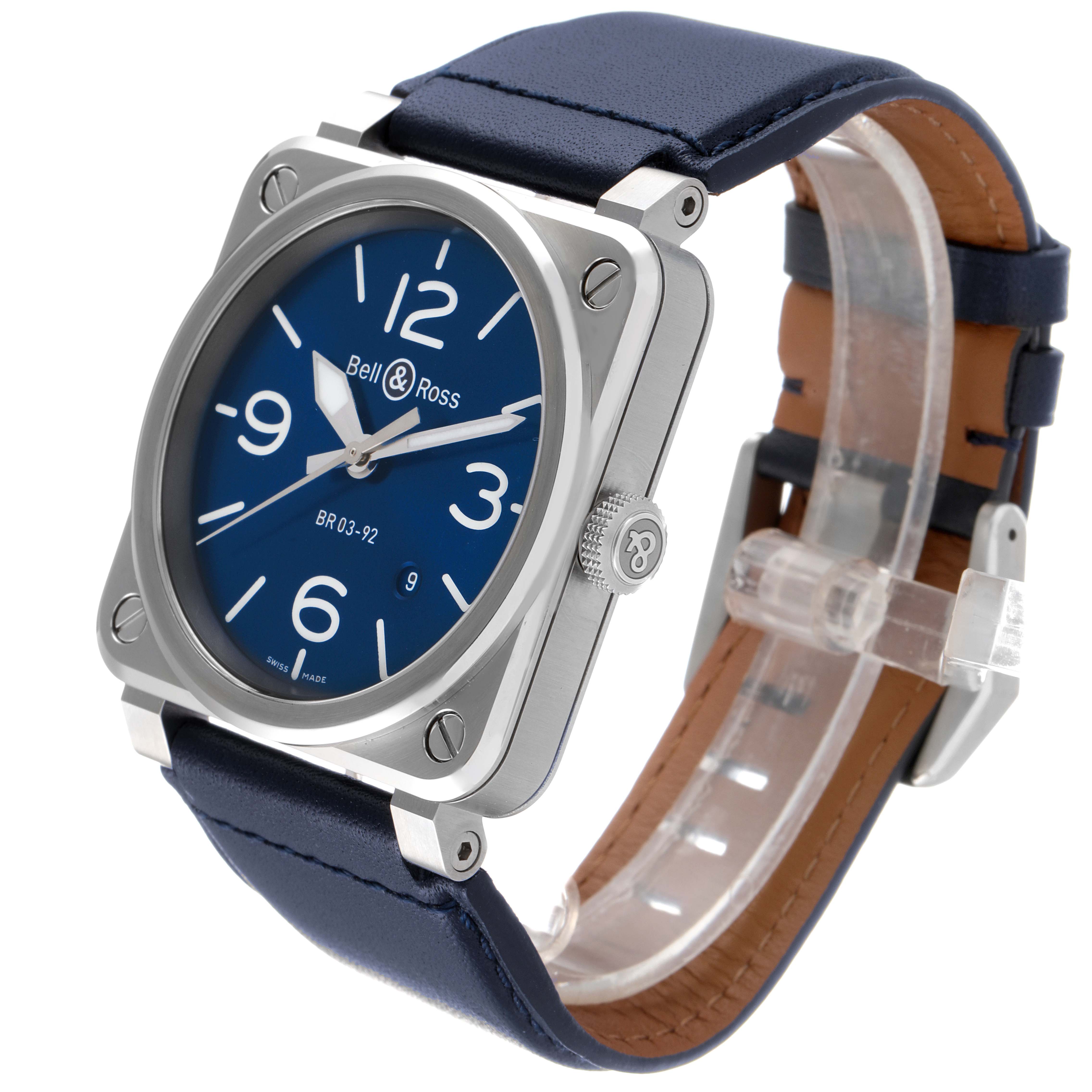 The Bell & Ross BR0392 Aviation Blue Dial Automatic Steel Mens Watch is shown at a slight side angle highlighting its face and strap.