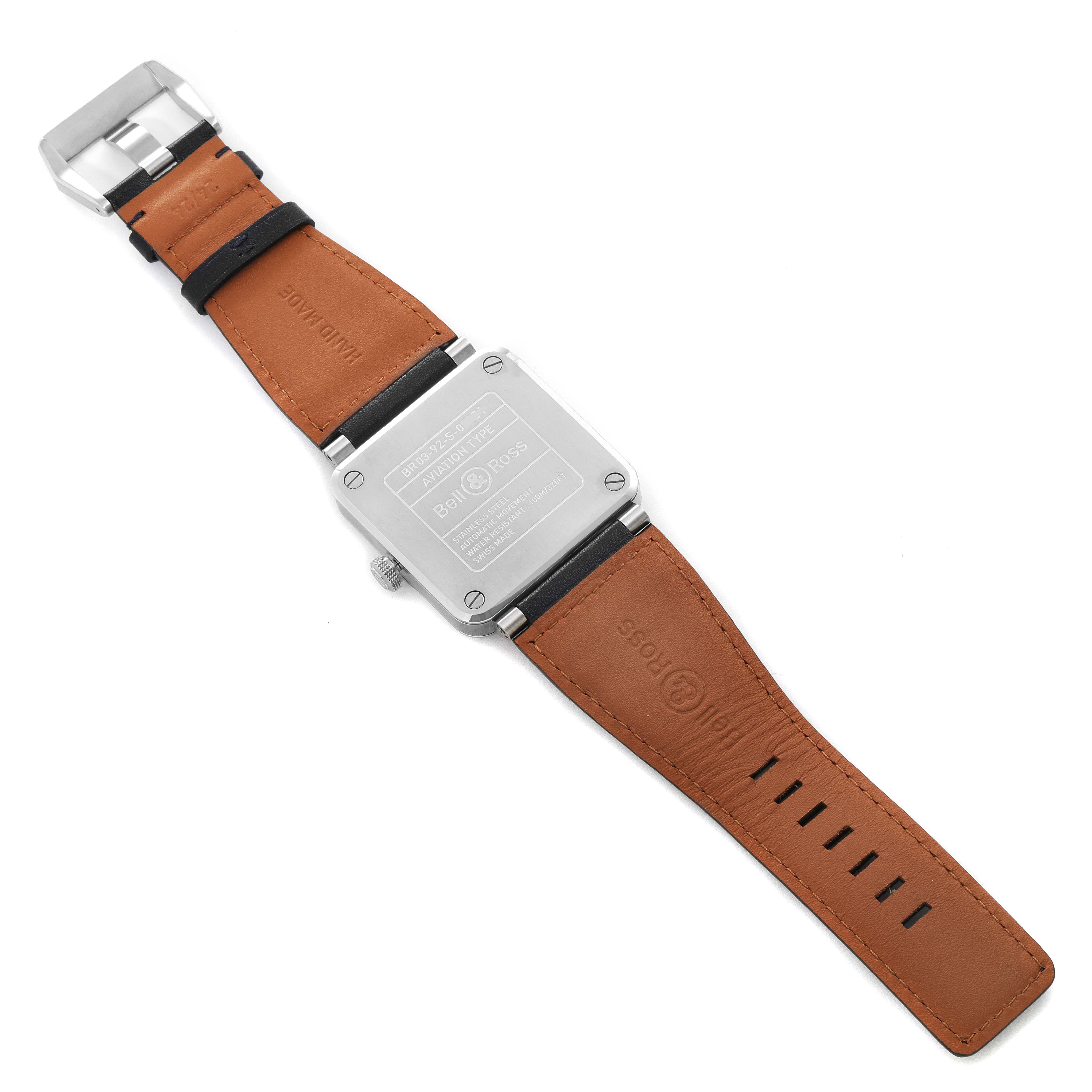 The image shows the back view of the Bell & Ross BR0392 Aviation Blue Dial Automatic Steel Mens Watch, highlighting its strap and case back.