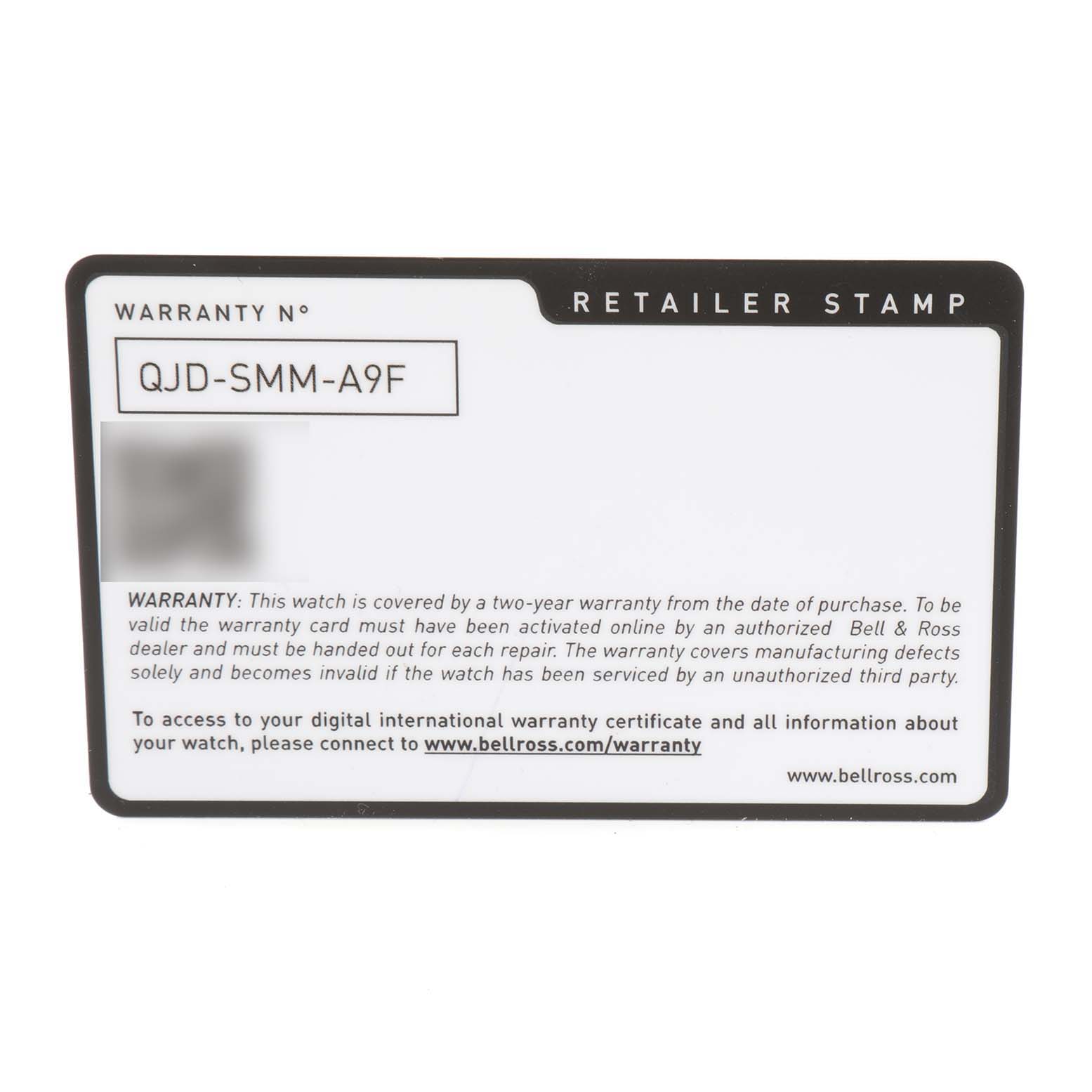 This image shows the warranty card for the Bell & Ross Aviation Blue Dial Automatic Steel Mens Watch BR0392 Unworn model.