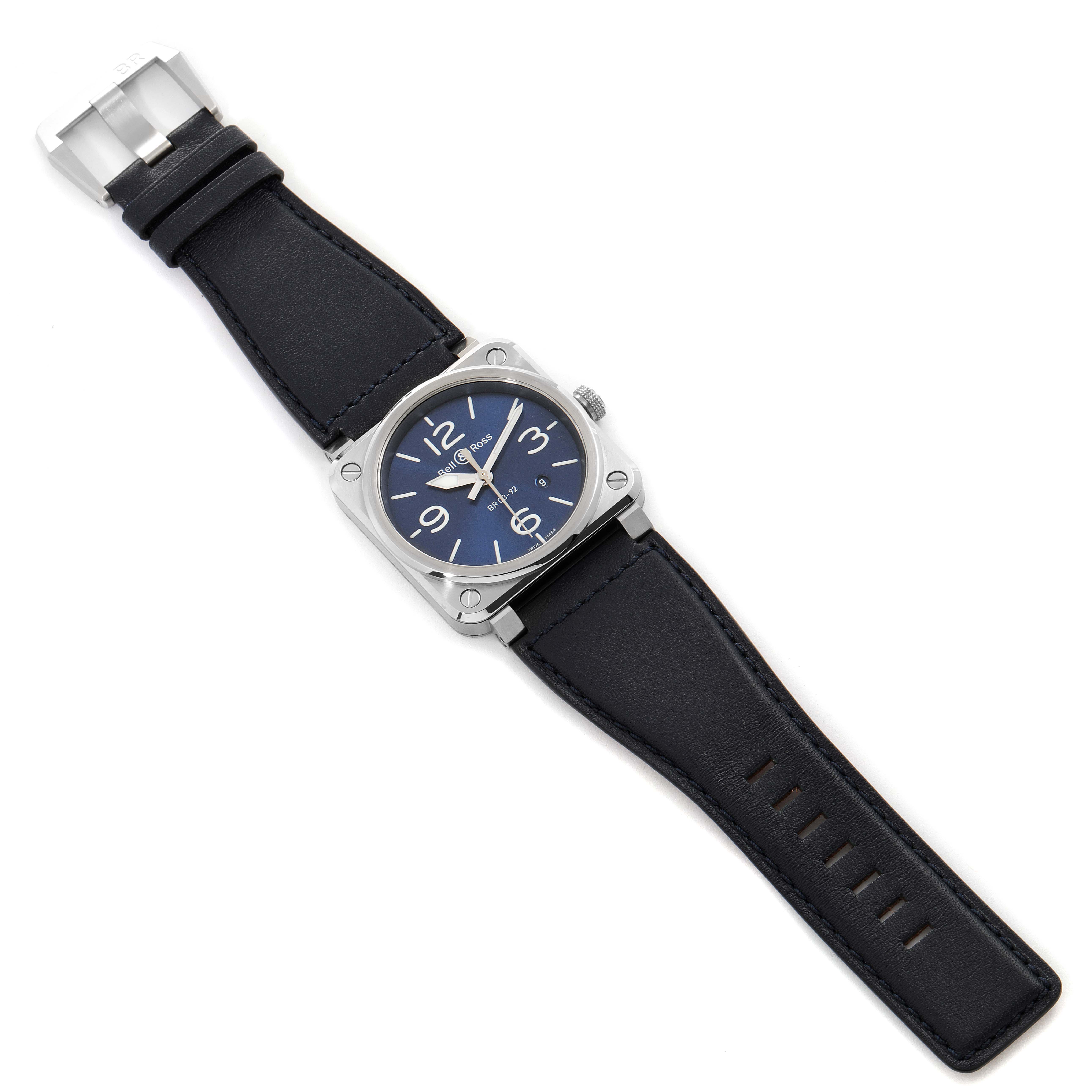 The Bell & Ross Aviation Blue Dial Automatic Steel Mens Watch BR0392 Unworn model is shown from the top, displaying the dial and leather strap.