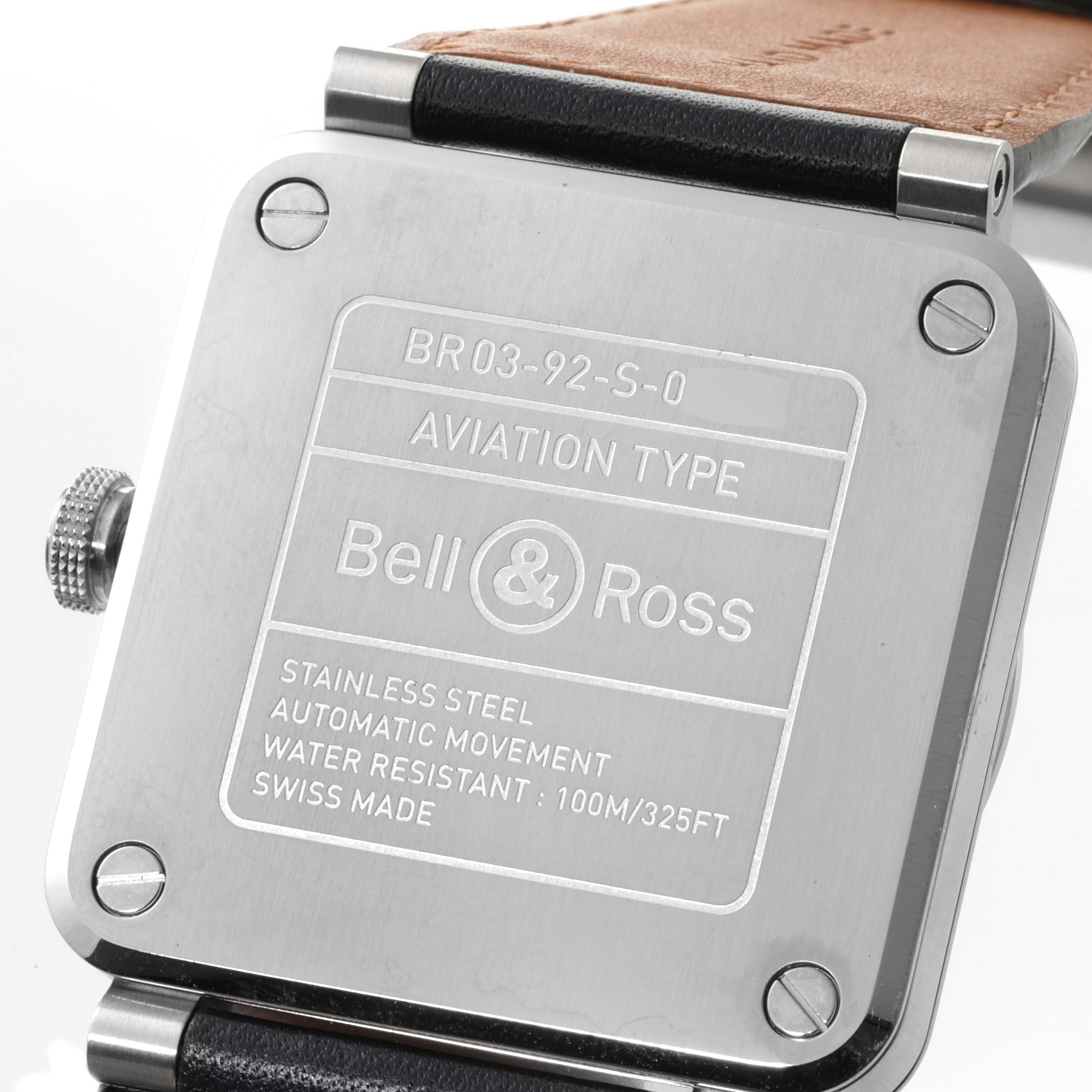 The image shows the back view of the Bell & Ross Aviation Blue Dial Automatic Steel Men's Watch BR0392 model, highlighting the engraved details.