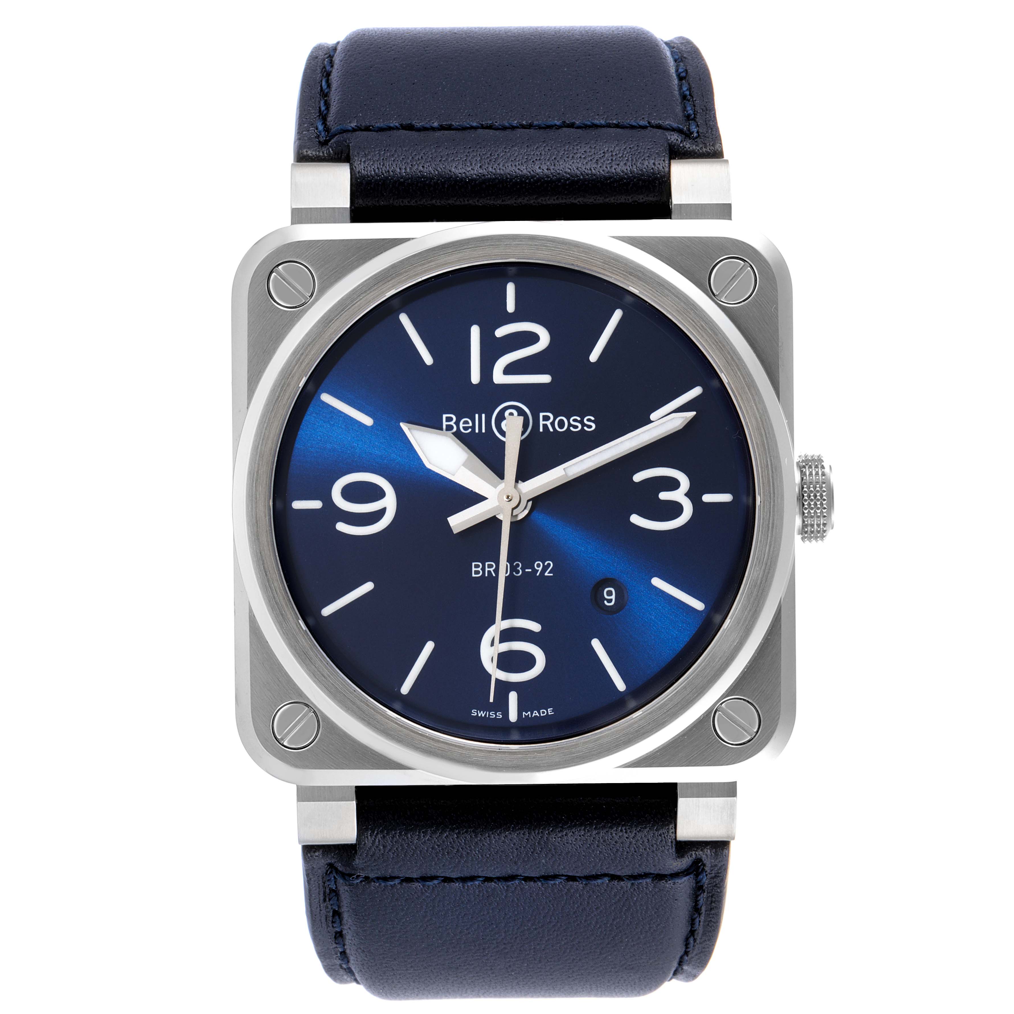 The image shows a front view of a Bell & Ross BR0392 Aviation Blue Dial Automatic Steel Men's Watch, featuring the dial, case, and strap.