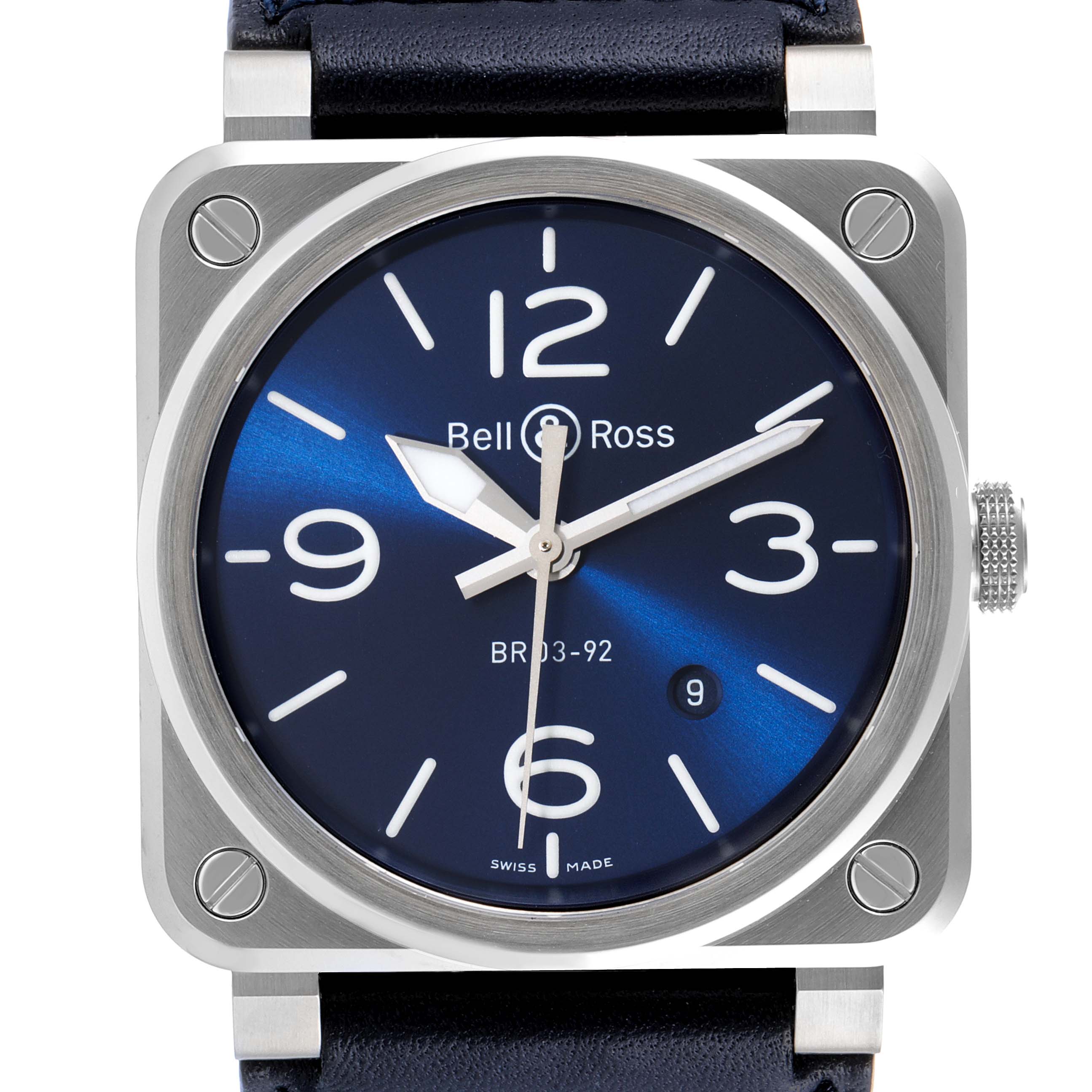 The Bell & Ross Instruments BR03-92 Men's Stainless Steel Blue Dial BR03-92 Men's Stainless Steel Blue Dial model watch is shown from a front angle, highlighting the face, numerals, hands, and date display.