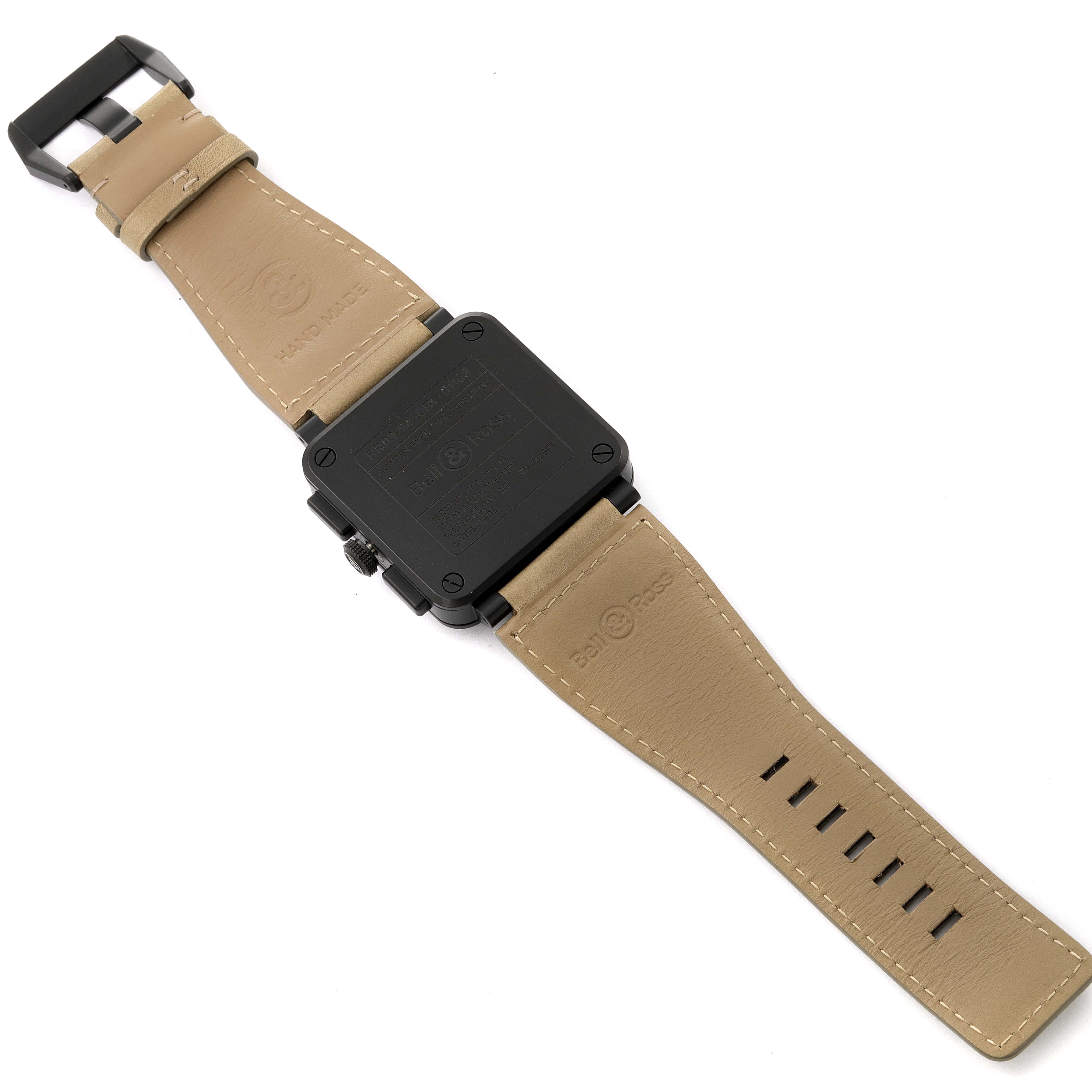 The image shows the back view of the Bell & Ross Chronograph watch, highlighting the black square case and beige leather straps.