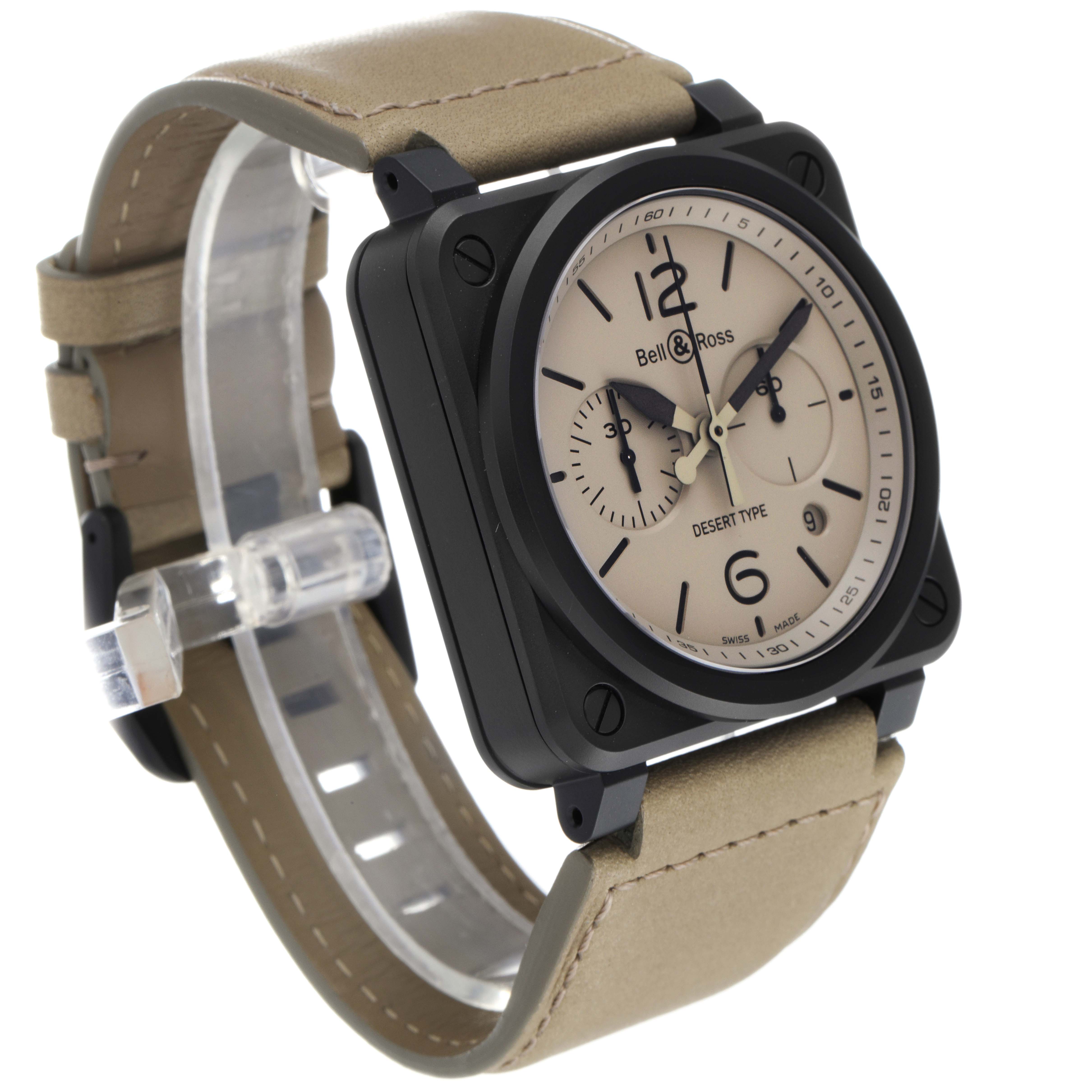 The image shows a front and side view of the Bell & Ross Chronograph Desert Type watch, highlighting the face and strap.