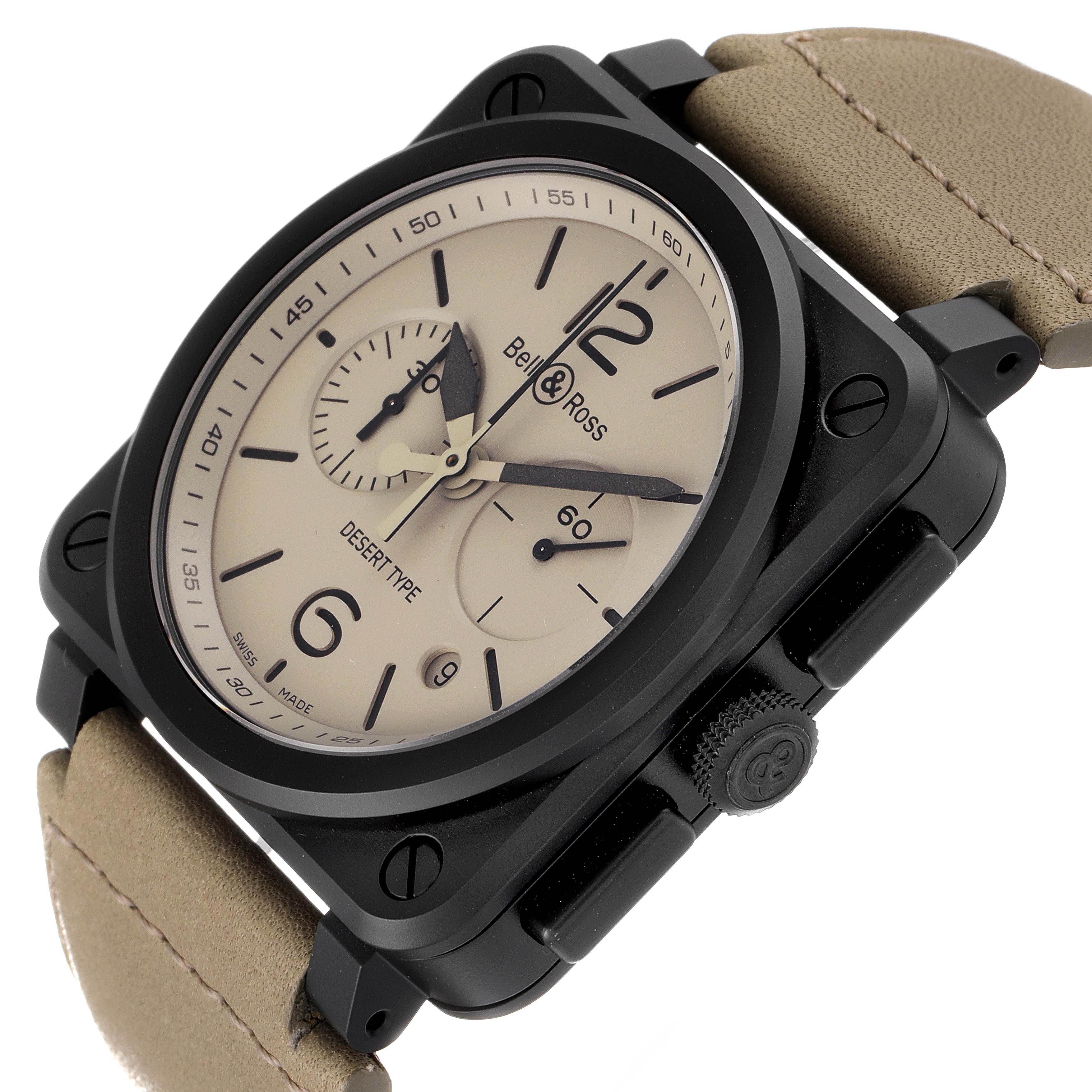 The Bell & Ross Chronograph watch is shown at a slight angle, highlighting its beige dial, black case, buttons, and beige leather strap.