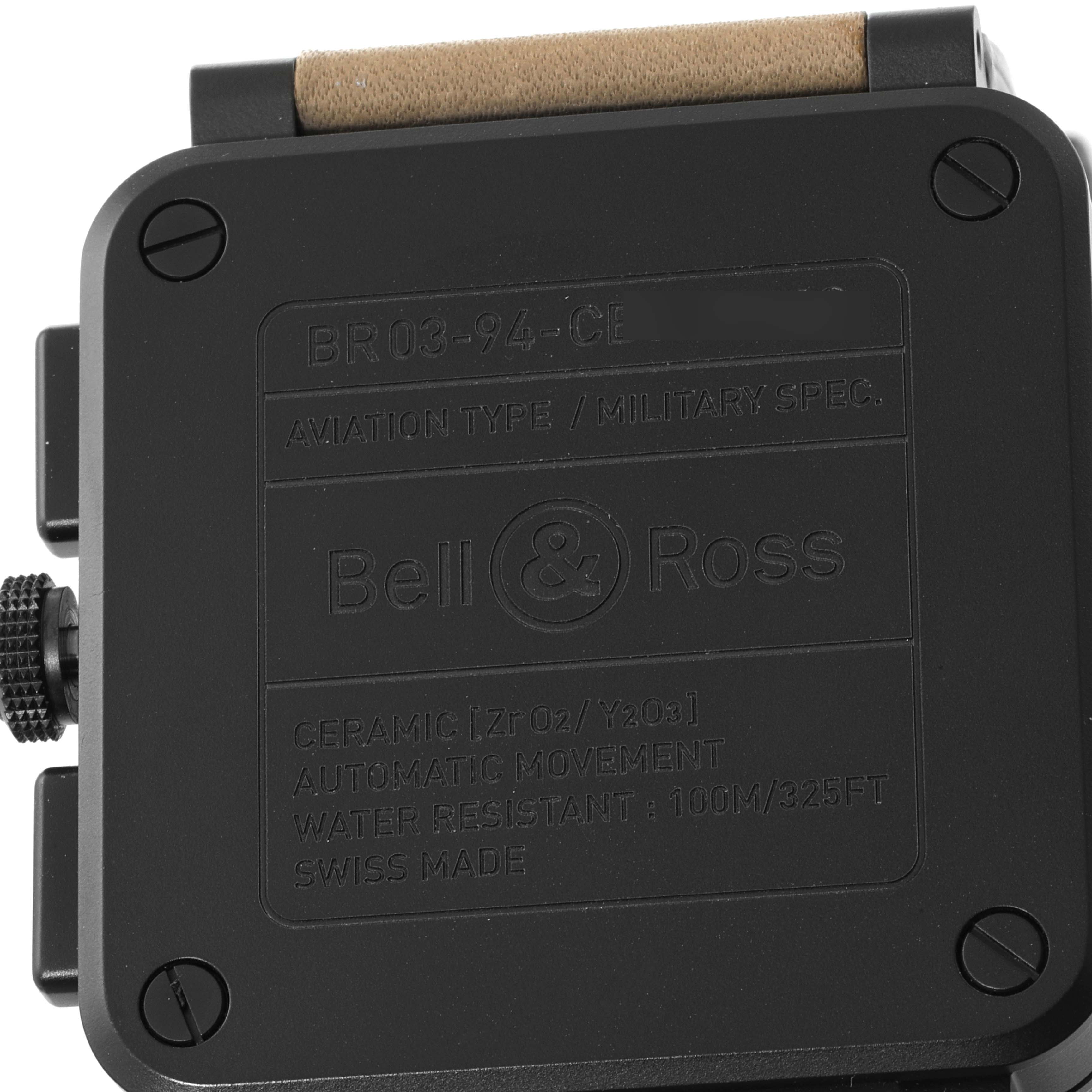 The image shows the back case of a Bell & Ross Chronograph BR 03-94-CE watch.