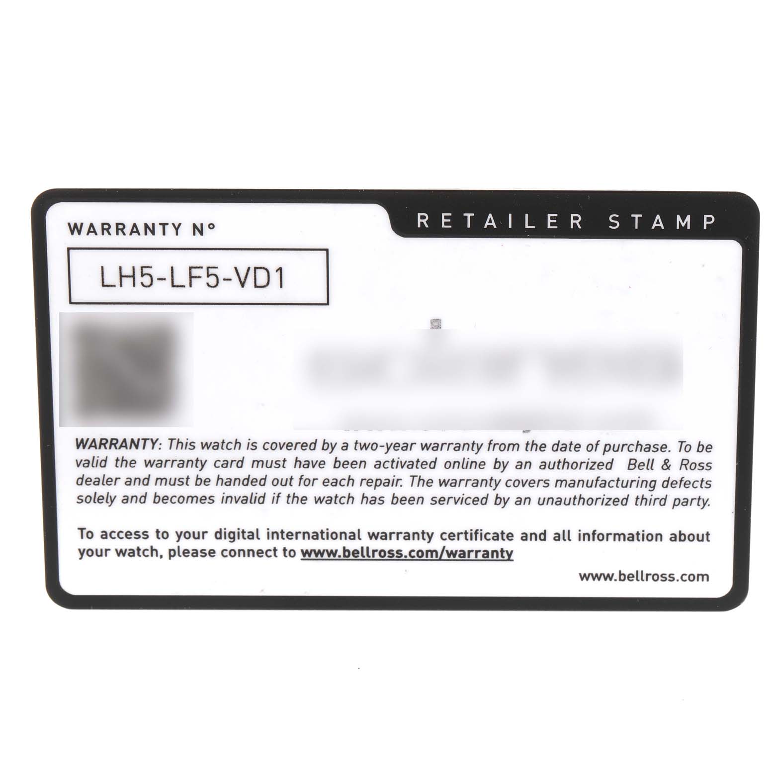 A warranty card for the Bell & Ross Chronograph model is shown from the front, displaying warranty number and terms.