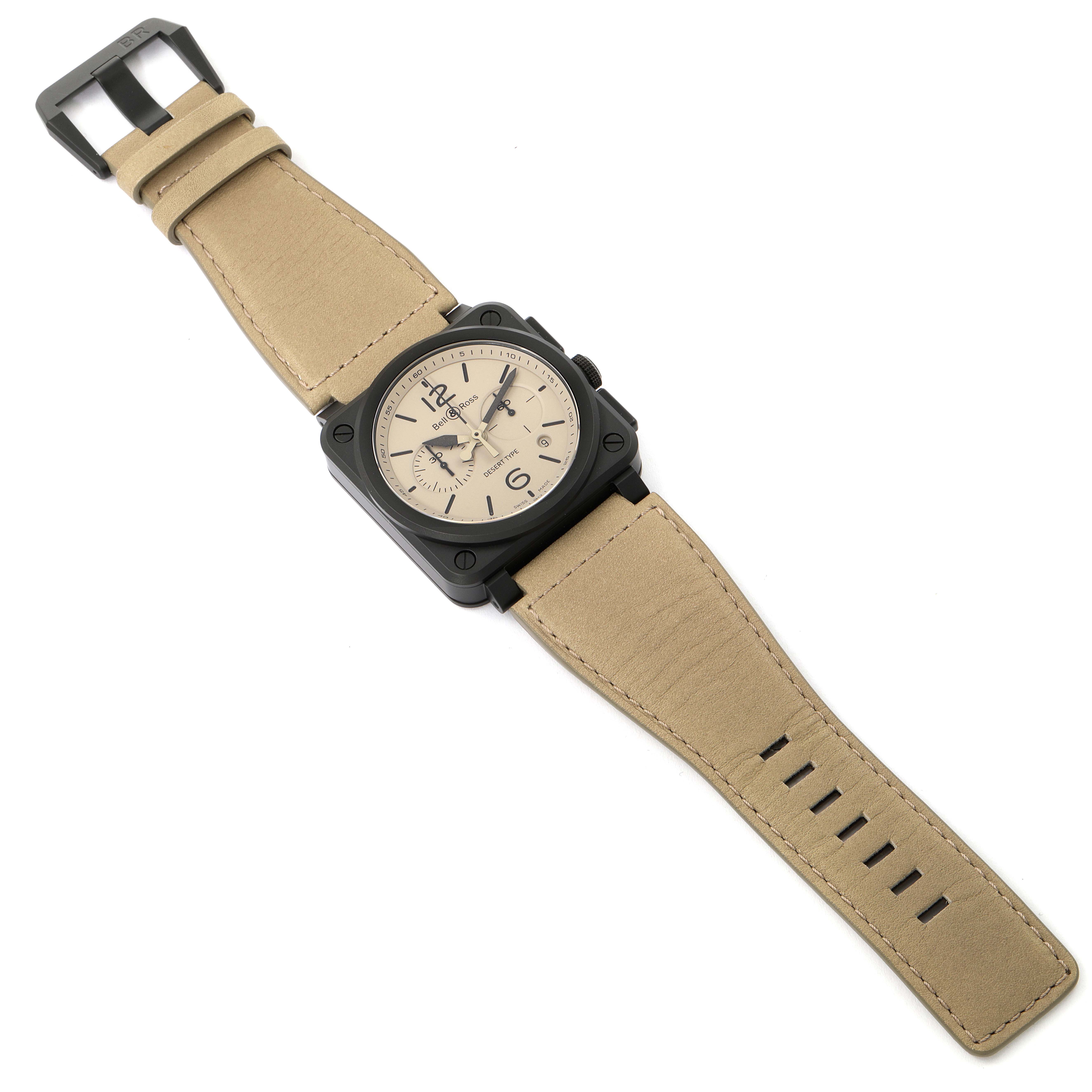 The Bell & Ross Chronograph watch is shown from a top-down angle, highlighting its dial, bezel, and full strap.